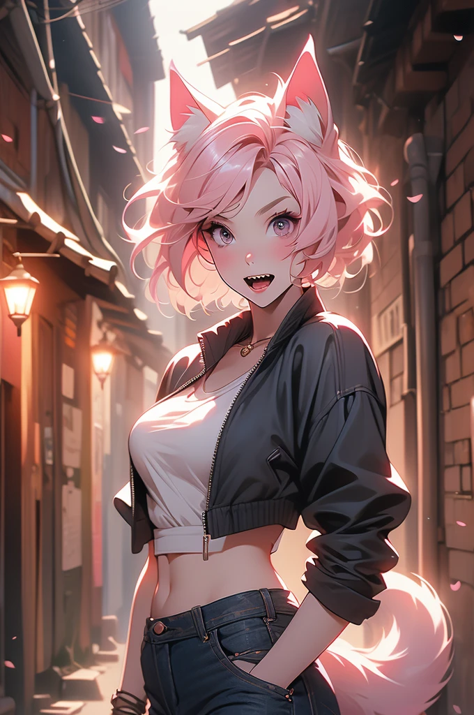 1girl, medieval city, dark alley, catgirl vampire, short pink hair, bob cut, , jeans, jacket, sharp teeth, sleek tail, timid, shy, open mouth