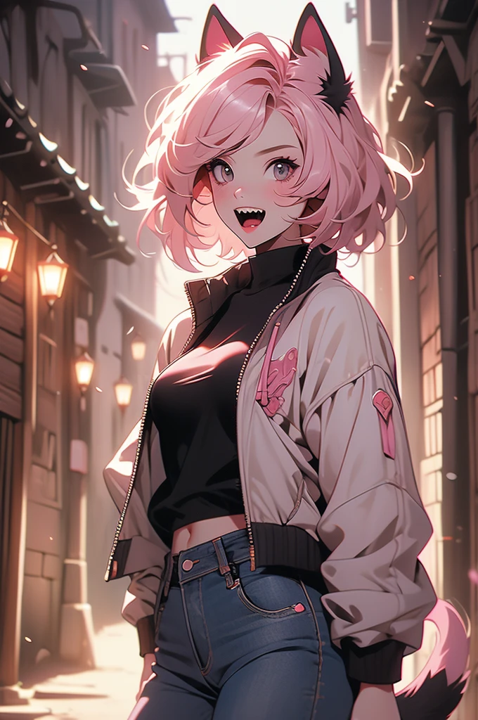 1girl, medieval city, dark alley, catgirl vampire, short pink hair, bob cut, , jeans, jacket, sharp teeth, sleek tail, timid, shy, open mouth