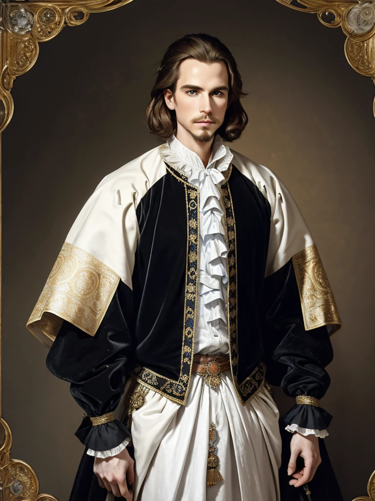 Portrait of Christopher Marlowe, piercing blue eyes, white skin, clean shaved, sharp jawline, silky golden-brown hair, clothes of Elizabethan era, black velvet doublet, white laced shirt, realism, high quality, Mucha style, Mucha background
