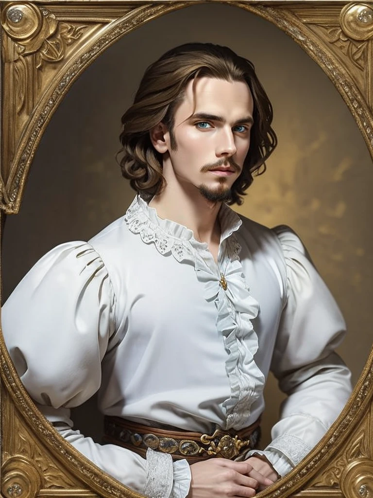 Portrait of Christopher Marlowe, piercing blue eyes, white skin, clean shaved, sharp jawline, silky golden-brown hair, clothes of Elizabethan era, black velvet doublet, white laced shirt, realism, high quality, Mucha style, Mucha background