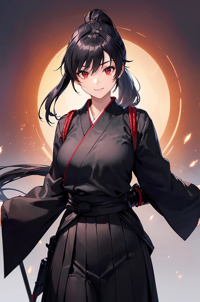 (masterpiece; best quality: 1.2), (finely detailed eyes: 1.3), ((25 year old woman)), ((solo)), (red eyes: 1.4), (body; lithe, slender, femenine: 1.3), (black hair in ponytail: 1.3), (beautiful and clear background: 1.2), ((depth of field)), (clothes: ronin attire + black hakama + black sash: 1.3), (anime illustration: 1.2), (background composition; kendo dojo + night time: 1.1), (extremely fine and beautiful: 1.1), (shot composition; standing + centered on torso + close-up: 1.5), (expression; calm, smile: 1.2)