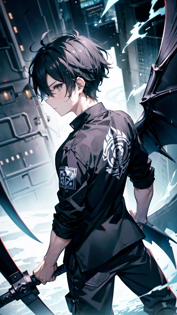 profile background, anime boy, serious face, black hair, grey eyes, black shirt with a kanji in the middle, bathing a black sword in his hand, with a blue dragon behind, high-res portrait, detailed eyes and face, character, fantasy, advanced urban, looking from behind at viewer, 4K, high resolution