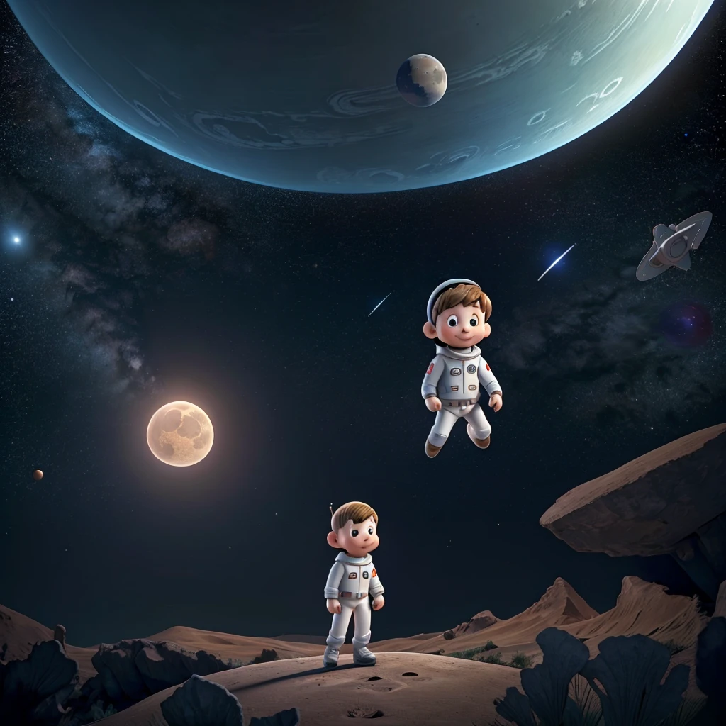 Happy alone astronaut boy floating in dark space with planet earth in the background
