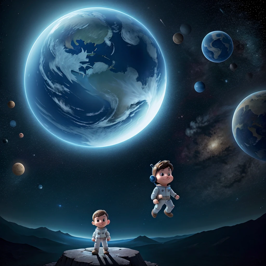 Happy alone astronaut boy floating in dark space with planet earth in the background 