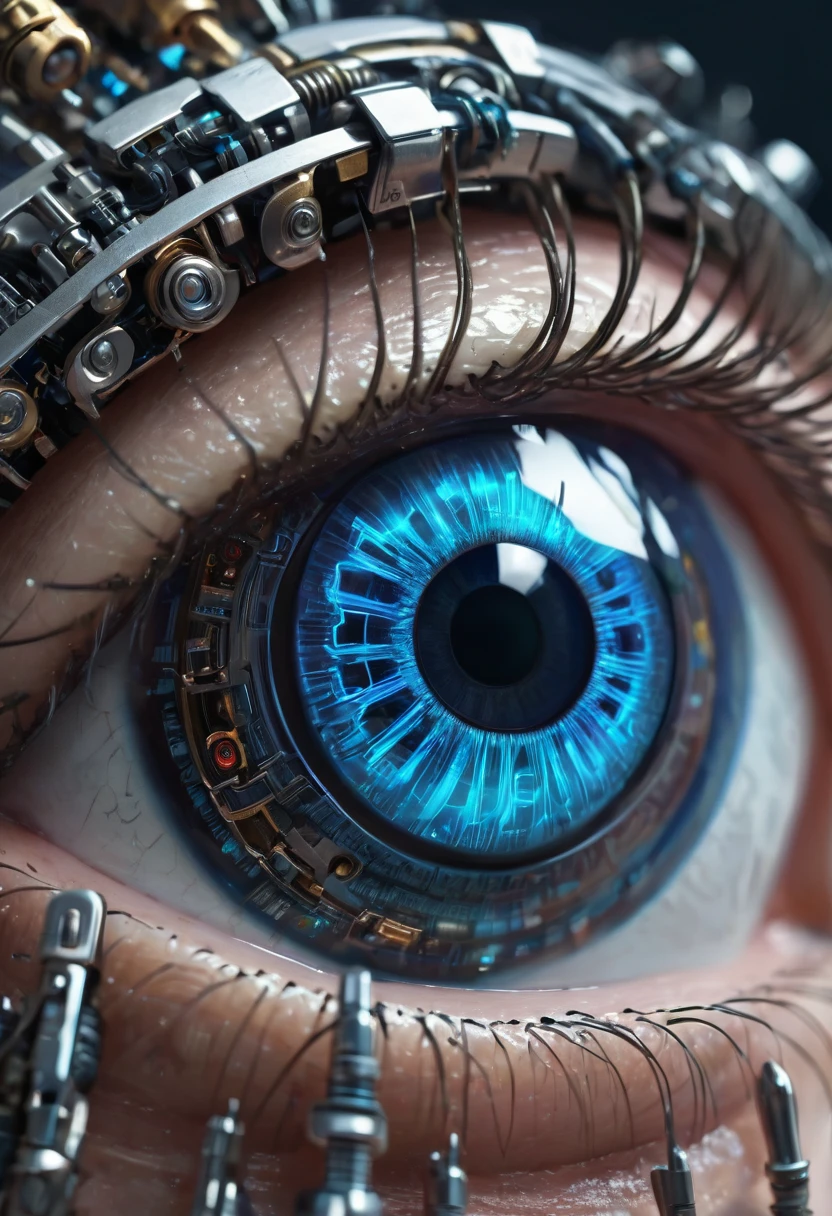 there is a ring with a blue eye on top of a keyboard, eye cyberpunk bionics, cybernetic eye, sci - fi jewellery, sci - fi details, intense sci-fi details, bionic scifi alexandre ferra, robotic eye, cyborg eyes, 8 k high detail concept art, hyper realistic sci fi realistic, dystopian scifi gadgets, glowing mechanical eye
