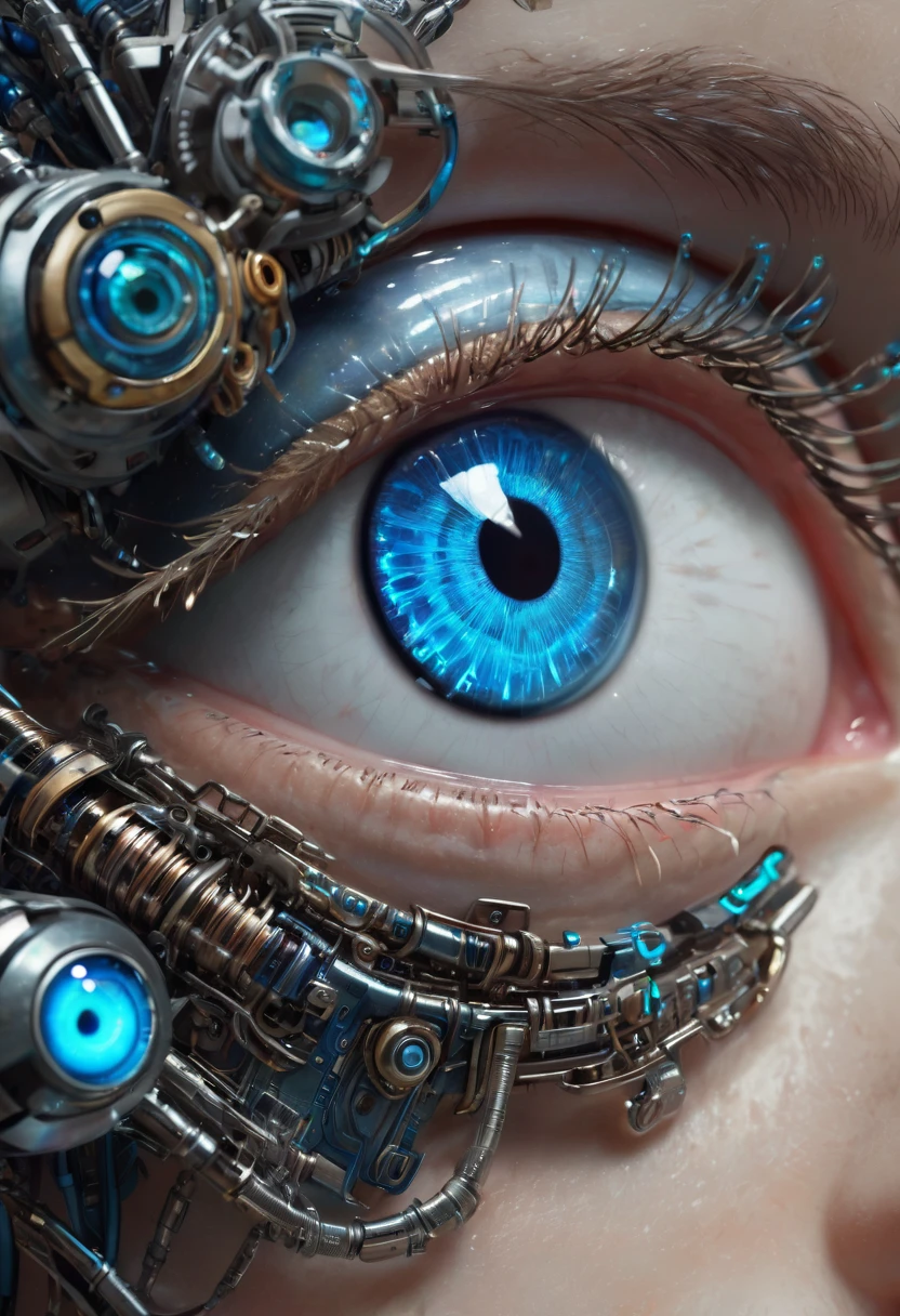 there is a ring with a blue eye on top of a keyboard, eye cyberpunk bionics, cybernetic eye, sci - fi jewellery, sci - fi details, intense sci-fi details, bionic scifi alexandre ferra, robotic eye, cyborg eyes, 8 k high detail concept art, hyper realistic sci fi realistic, dystopian scifi gadgets, glowing mechanical eye