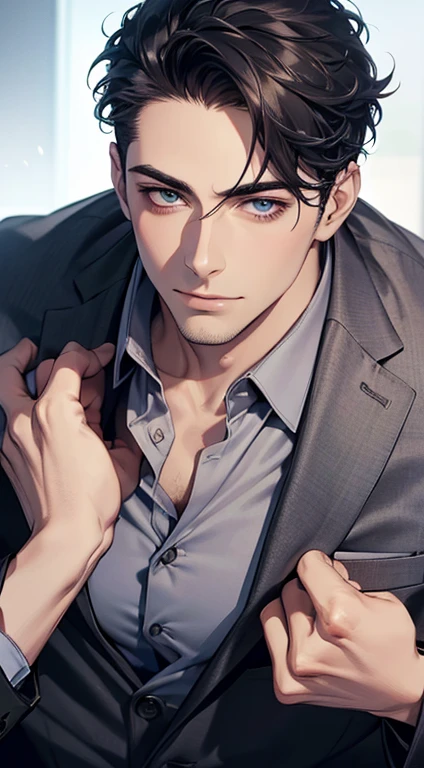 (best quality,4k,8k,highres,masterpiece:1.2),ultra-detailed,(realistic,photorealistic,photo-realistic:1.37),1 man,31 years old,mature man,very handsome,without expression,smile,short grey black hair,blue eyes,penetrating gaze,perfect face without errors,imposing posture,businessman,office background,cinematic lighting,hdr image