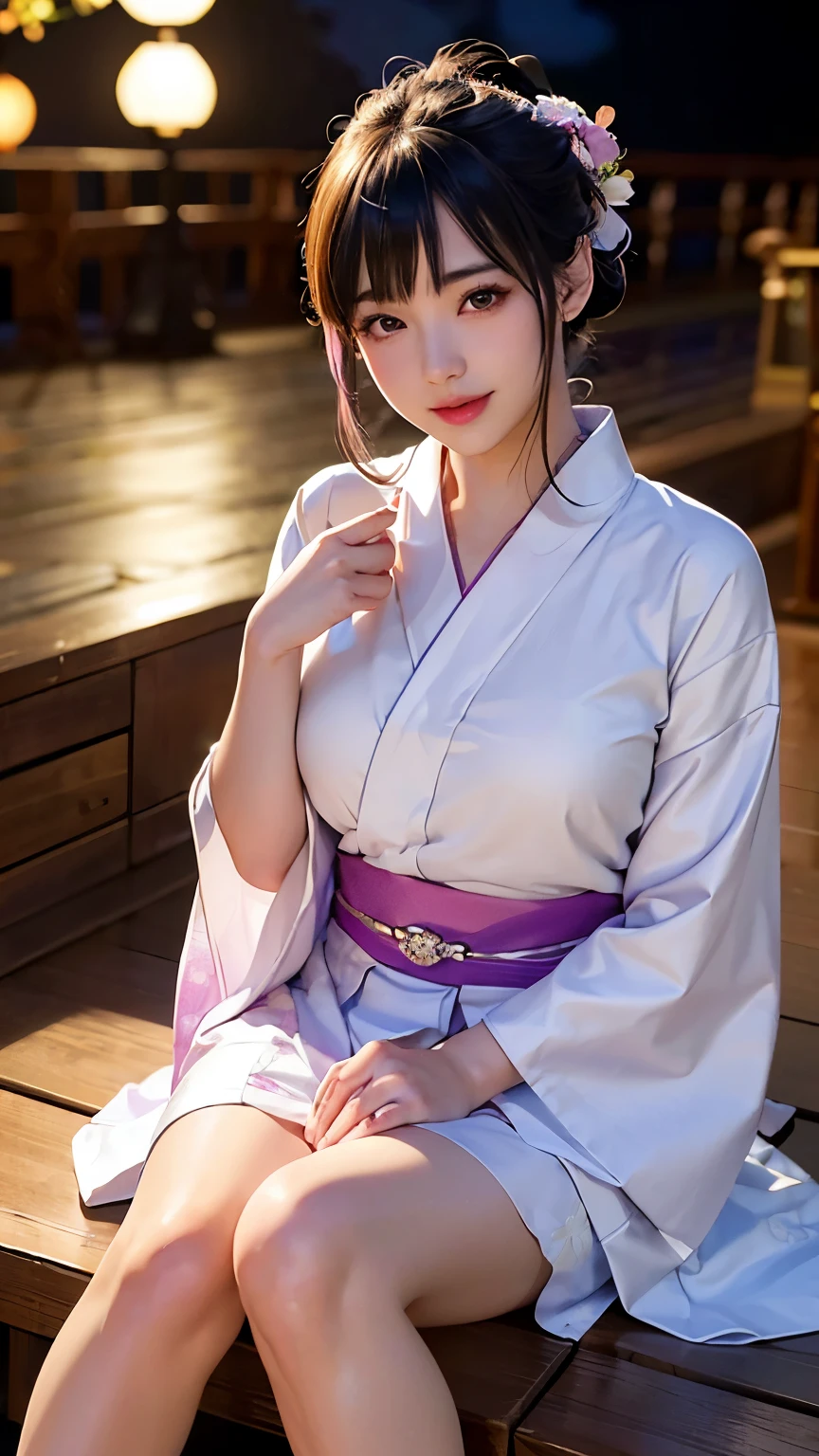 (logo、masterpiece、8K、Tabletop、RAW Photos、wonderful、最high quality、フォトリアリスティックでVery detailedな CG 複合 8K 壁紙、high quality、Very detailed、Narrative poem、Particle Effects、Dynamic Effects、Depth of the Boundary、Cinematic Light、Lens flare、Ray Tracing）、 (One beautiful woman wearing a yukata、White yukata、Light purple pattern)、Black-haired、High definition skin、Very fine、Fine skin texture、Beautiful Face、True Face、Beautiful details in the eyes、Realistic eyes、Beautifully detailed eyes、Realistic Skin、Beautiful Skin、Surreal、Smiling Eyes、Hair and light eyes、vivid、Colorful lights and bokeh、plump lower lip、Pink Lips、Hair flutters in Wind、Hair bounces、wonderful景色、night、evening、Wind、moonlight、moonlight、light