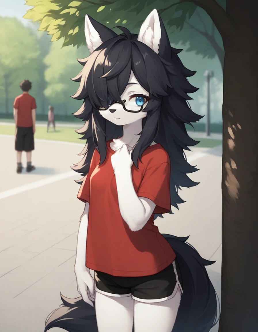 Solo, score_9,score_8_up,score_7_up, kemono style, a young nerdy Anthro furry wolf woman, wolf snout, white furry body, tall, long black messy hair, black hair, hair in a pony tail, hair covering one eye, white wolf tail, black glasses, blue eyes, white wolf ears with black ear tips, white wolf tail, small breasts, wearing oversized red t shirt, black boy shorts, standing, outdoors, at a park,