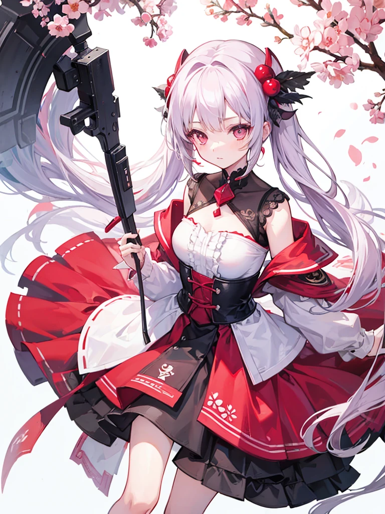 A girl character design showing her design white background with cherry flowers around her character design