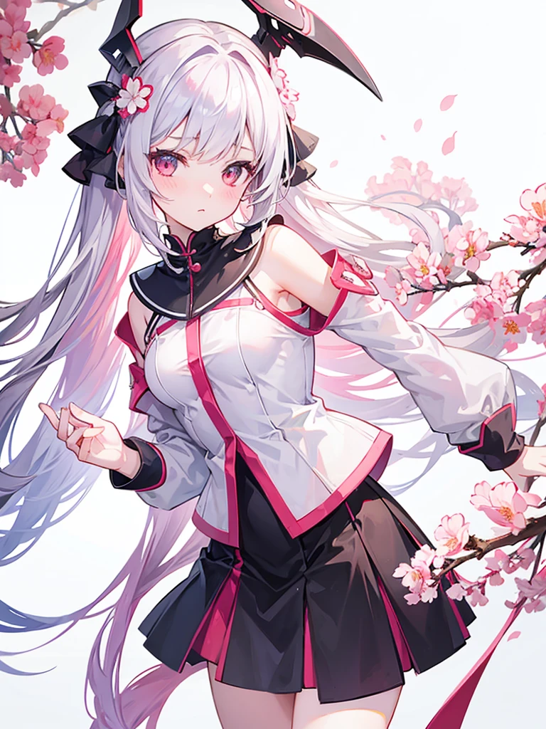 A girl character design showing her design white background with cherry flowers around her character design