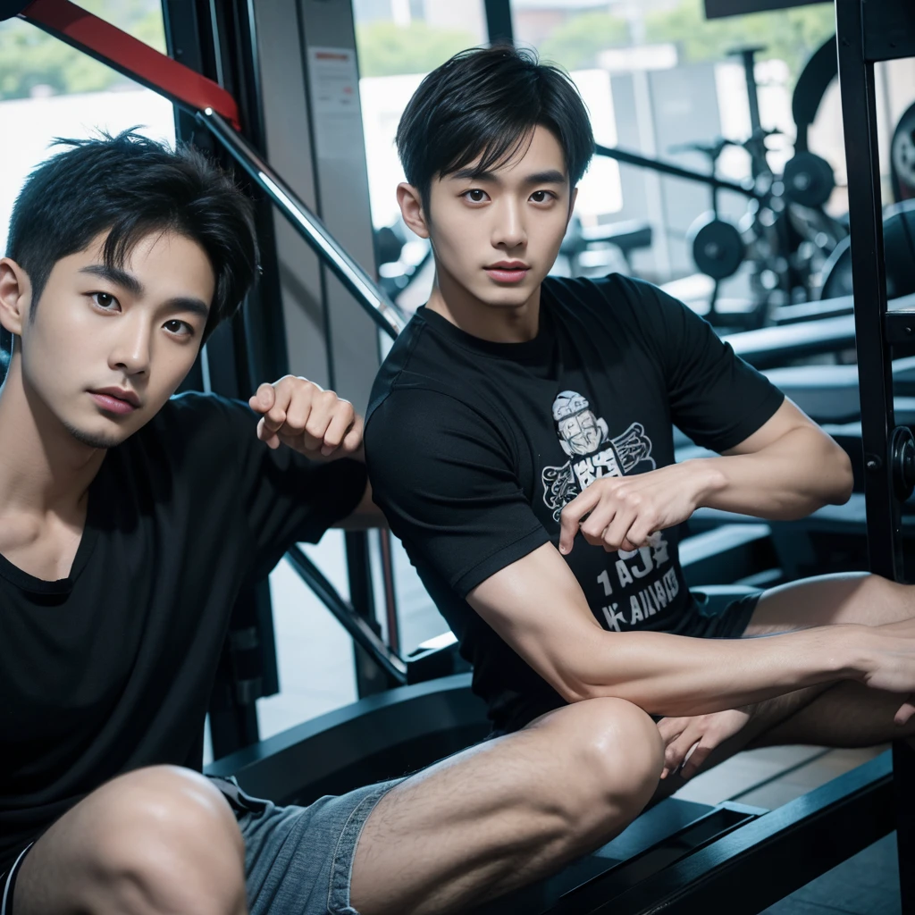 Korean man, Inspiration from Peng Yuyan, 30 years old, 236 years old, Cute Korean Face, 35 yo, 33 year old Korean muscular man,Gym in the background, black t-shirt