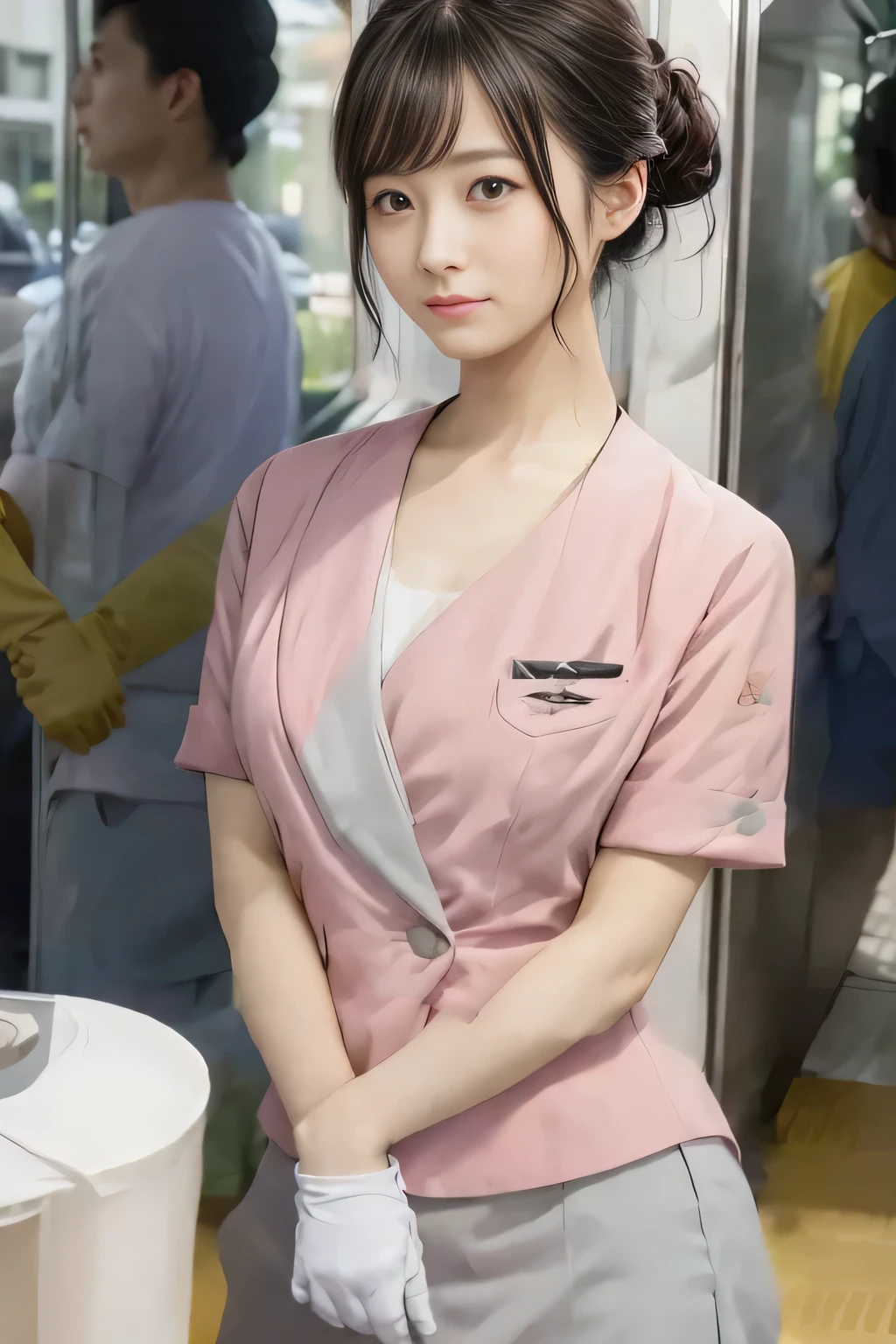 (masterpiece:1.2, Highest quality:1.2), 32k HDR, High resolution, (alone、1 girl)、（On the rooftop of a building in the daytime、Professional Lighting）、Building rooftop background、（Nankai train crew uniform pinkを着たリアルスタイル）、（Nankai train crew uniform pink short sleeve collarless pink jacket、Nankai Train Crew Uniform Pink Collarless Short Sleeve Blouse、Nankai Train Crew Uniform Pink Grey Knee-length Culottes）、（（The bottom of the pink short-sleeved jacket cannot be tucked into the clay-colored culottes.））、Dark brown hair、（Hair tied up、Hair Bun、Hair Bun）、Dark brown hair、Long Shot、Big Breasts、Thin legs、（（Great hands：2.0）），（（Harmonious body proportions：1.5）），（（Normal limbs：2.0）），（（Normal finger：2.0）），（（Delicate eyes：2.0）），（（Normal eyes：2.0））)、（Nankai Train Crew Uniform Pink Grey Knee-length Culottesを見せた美しい立ち姿）、smile