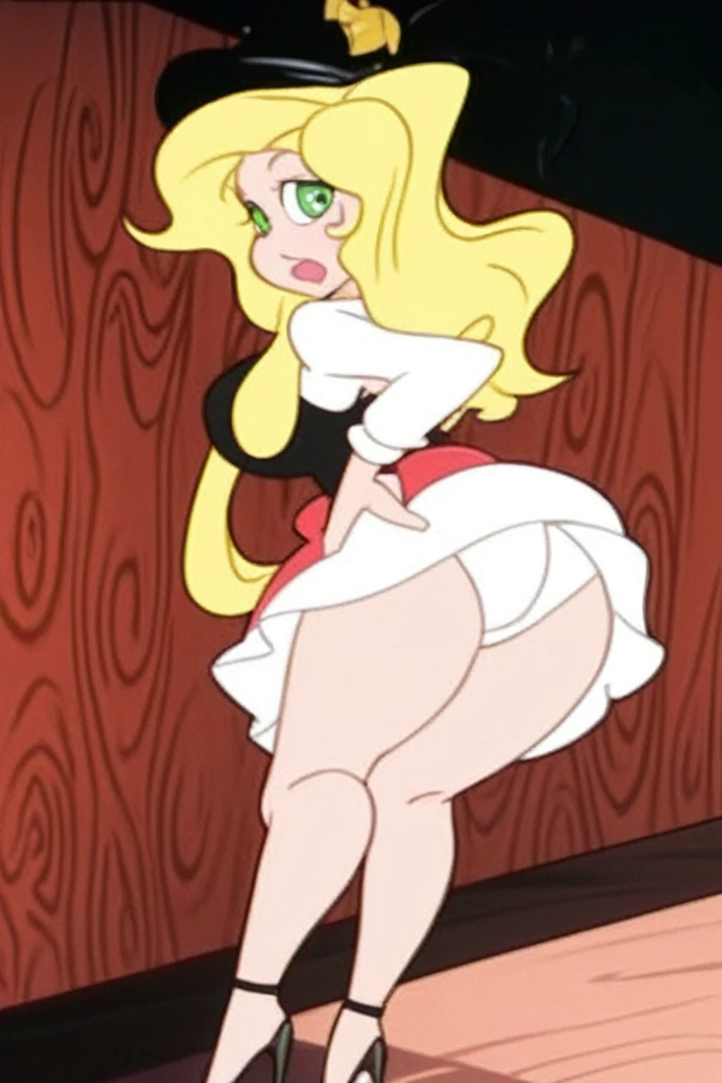 a cartoon picture of a woman in a dress and heels, anime barbie in white stockings, succubus in tight short dress, , star erfly, in dress, side pose, cel shaded anime, white skirt and barechest, closeup view, , super, lola bunny fanart, shapely derriere, cell shaded adult animation