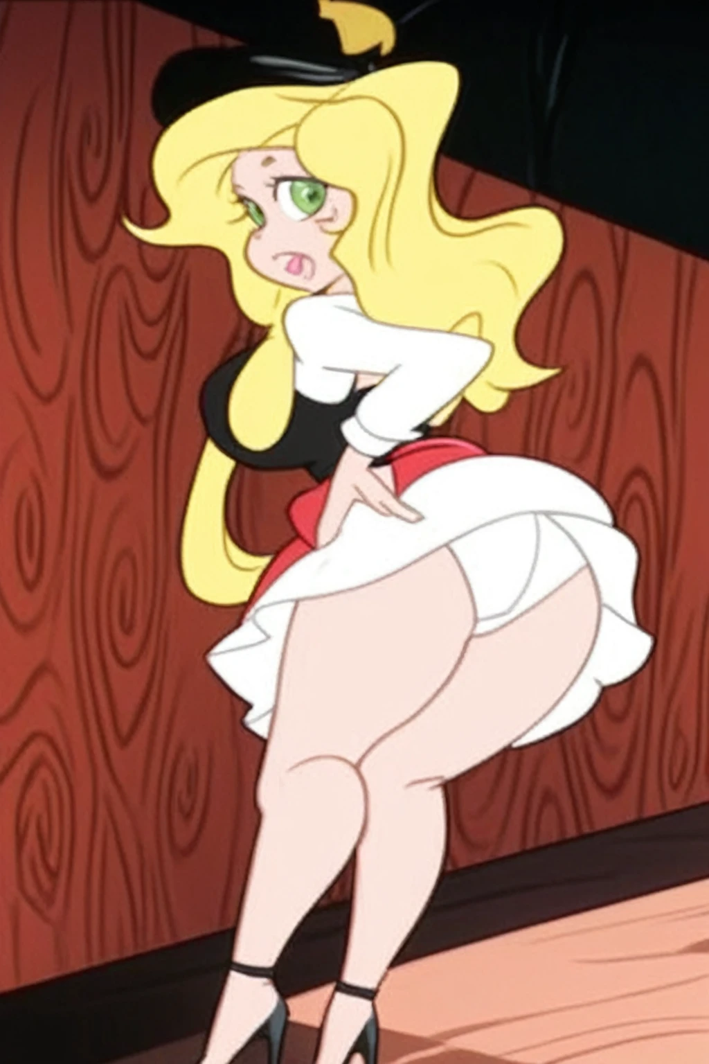 a cartoon picture of a woman in a dress and heels, anime barbie in white stockings, succubus in tight short dress, , star butterfly,  in dress, side pose, cel shaded anime, white skirt and barechest, closeup view, , super, lola bunny fanart, shapely derriere, cell shaded adult animation