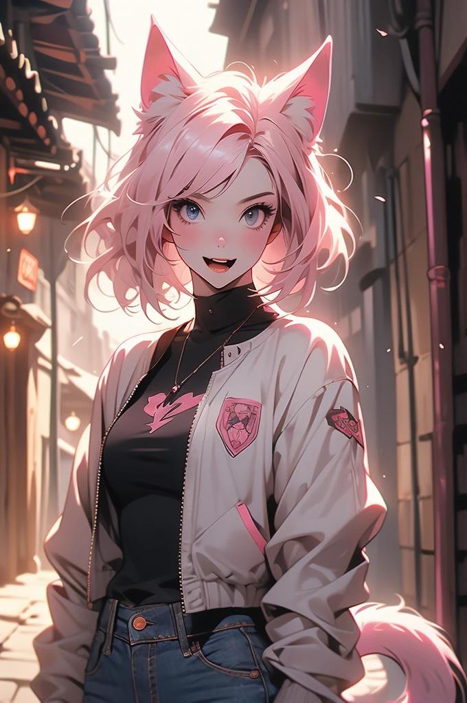 1girl, medieval city, dark alley, catgirl vampire, short pink hair, bob cut, , jeans, jacket, sharp teeth, sleek tail, timid, shy, open mouth