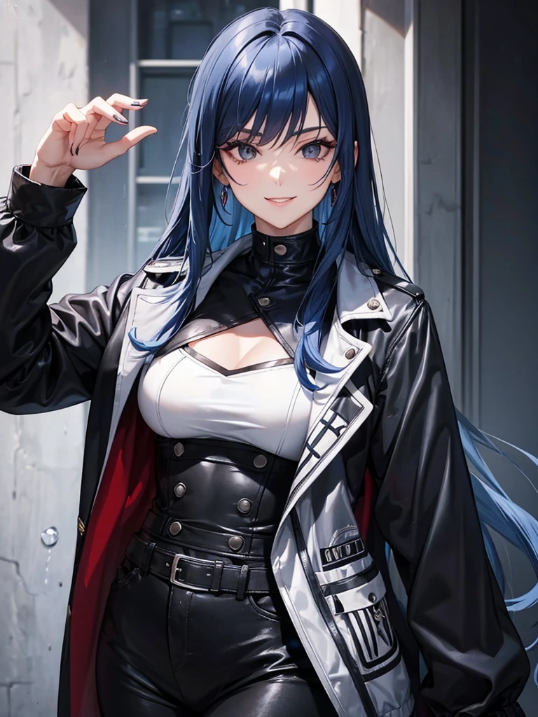 goth girl, blue hair, tattooed, black jacket, black shirt, seductive face, detailed face, 4k, masterpiece