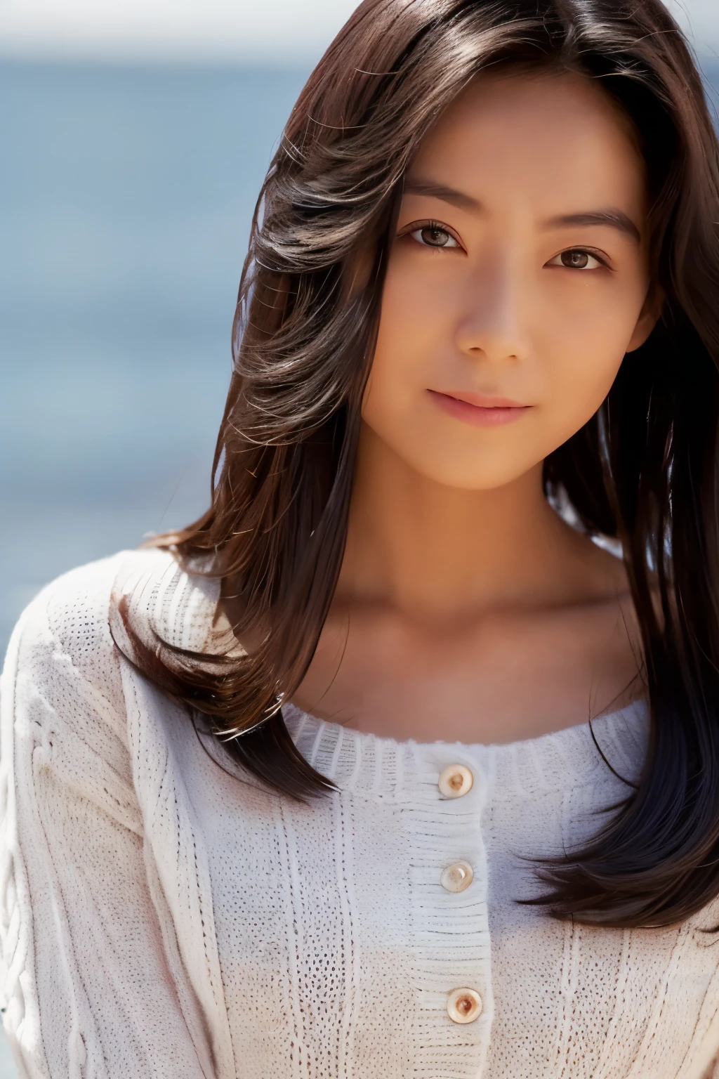 (knitwear), (top-quality, masterpiece:1.3, Super high resolution), (Photorealsitic:1.4, RAW shooting), Ultra-realistic capture, A highly detailed, high-definition 16K for human skin, Wistful, A skinny Japanese woman, 30 years old, cute face, ((Sadness face)), detailed face, detailed eyes, ((correct anatomy)), A dark-haired, Middle hair, ((Background of the sea in a starry night)), (((looking up afar at starry sky))), hair blowing in the wind