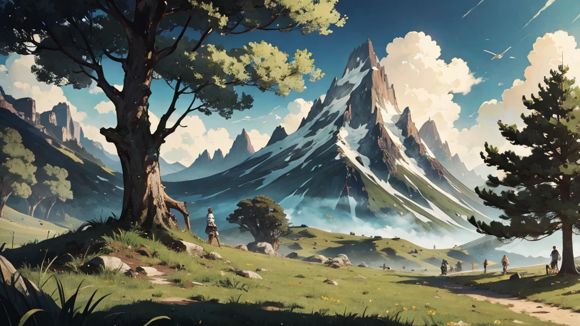 Concept Art,Concept Art,Samia, Tree, landscape, cloud, outdoor, sky空, sky, Mountain, Grass, nature, mksks-style, best quality, perfect