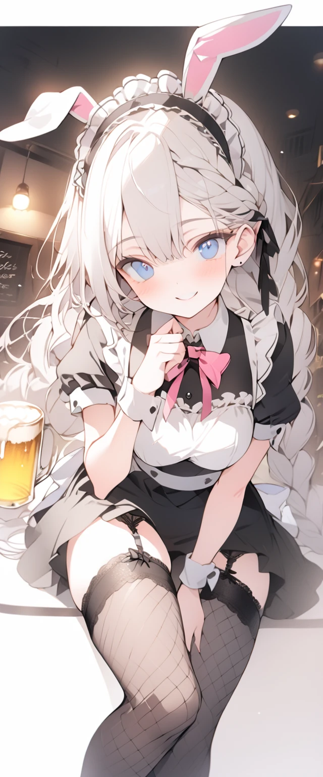 beautiful, masterpiece, Highest quality, anime, One girl, C Cup,Portrait Shot, View your viewers, Covered、Long Hair、nearby、Blue Eyes、art、White hair,black streaked hair, dark atmosphere、Thighs、Braid、Bunny Maid、Fishnet tights、Cafe、smile、garter belt、Crossing legs、skirt、Beer 