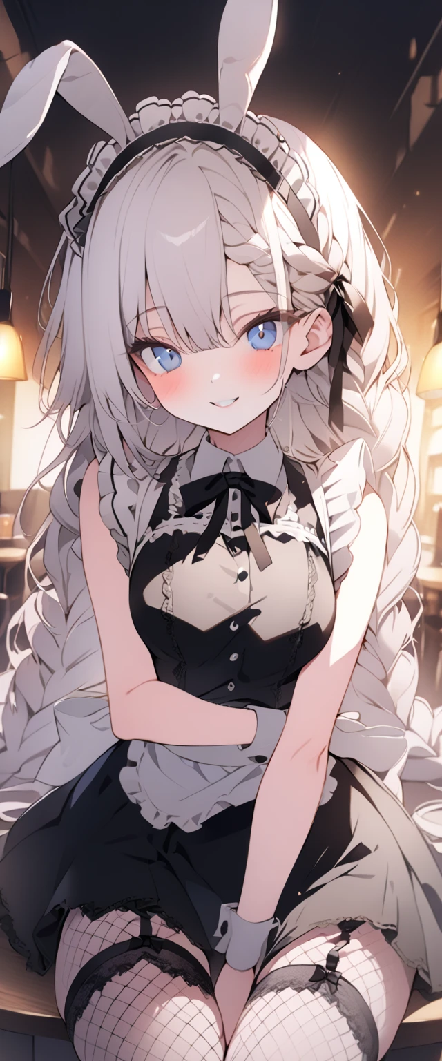 beautiful, masterpiece, Highest quality, anime, One girl, C Cup,Portrait Shot, View your viewers, Covered、Long Hair、nearby、Blue Eyes、art、White hair,black streaked hair, dark atmosphere、Thighs、Braid、Bunny Maid、Fishnet tights、Cafe、smile、garter belt、Crossing legs、skirt、Beer cleavage、navel