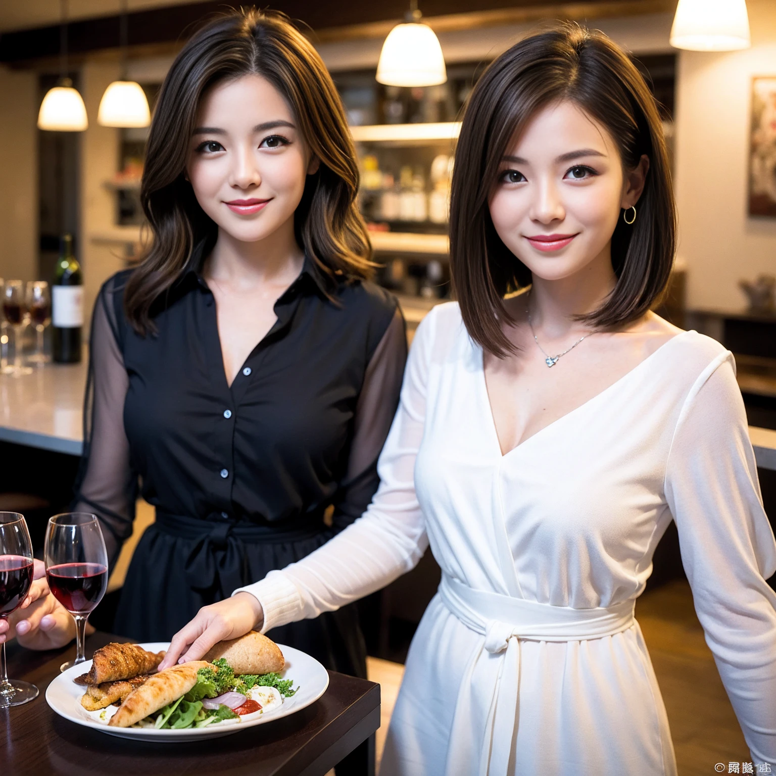 ((Highest quality、8K、masterpiece:1.3))、slimカップル、Pink rubber、modelカップル、(Realistic, Intricate details:1.2), full-course dinner、Wine Party、Amazing view of the sunset sky and clouds、A bright smile、The wonderfulness of smile、Bright image、The beauty of wine, Beautiful Face, blue eyes, The light shines on your face, Blushing, short hair,Bright Face、 (Age 37), 39 years old, red wine 、Appetizers、Italian food、Wine bottle、Champagne、sparkling wine、Two beauties、Brown Hair、Shortcuts、Long sleeve shirt、dress、Beautiful woman 1, (slimな顔), (The body is slim), (Brown Hair), (Shortcuts), cheeks turn a little red,Attractive beauty、restaurant, In a prominent place (From the waist up) Nova Frog Style, actress, model, Upper Body, White wine, slim, wine glass, 中央に置かれたwine glass, smile, (smile: 1.15), Beautiful fine grain, Depth f/2,saturation, High Contrast, Strong light and shadow,Moist Body:1.5、3D texture、Delicate eyes、Brown Hair、The hair is very shiny、