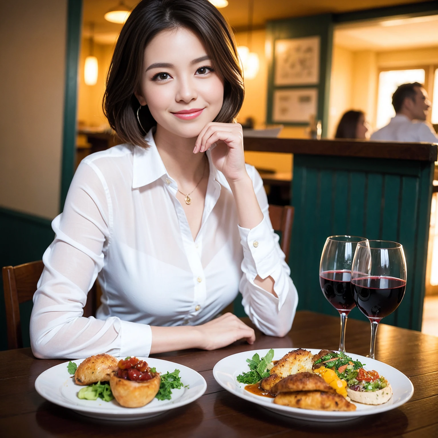 ((Highest quality、8K、masterpiece:1.3))、slimカップル、Pink rubber、modelカップル、(Realistic, Intricate details:1.2), full-course dinner、Wine Party、Amazing view of the sunset sky and clouds、A bright smile、The wonderfulness of smile、Bright image、The beauty of wine, Beautiful Face, blue eyes, The light shines on your face, Blushing, short hair,Bright Face、 (Age 37), 39 years old, red wine 、Appetizers、Italian food、Wine bottle、Champagne、sparkling wine、Two beauties、Brown Hair、Shortcuts、Long sleeve shirt、dress、Beautiful woman 1, (slimな顔), (The body is slim), (Brown Hair), (Shortcuts), cheeks turn a little red,Attractive beauty、restaurant, In a prominent place (From the waist up) Nova Frog Style, actress, model, Upper Body, White wine, slim, wine glass, 中央に置かれたwine glass, smile, (smile: 1.15), Beautiful fine grain, Depth f/2,saturation, High Contrast, Strong light and shadow,Moist Body:1.5、3D texture、Delicate eyes、Brown Hair、The hair is very shiny、