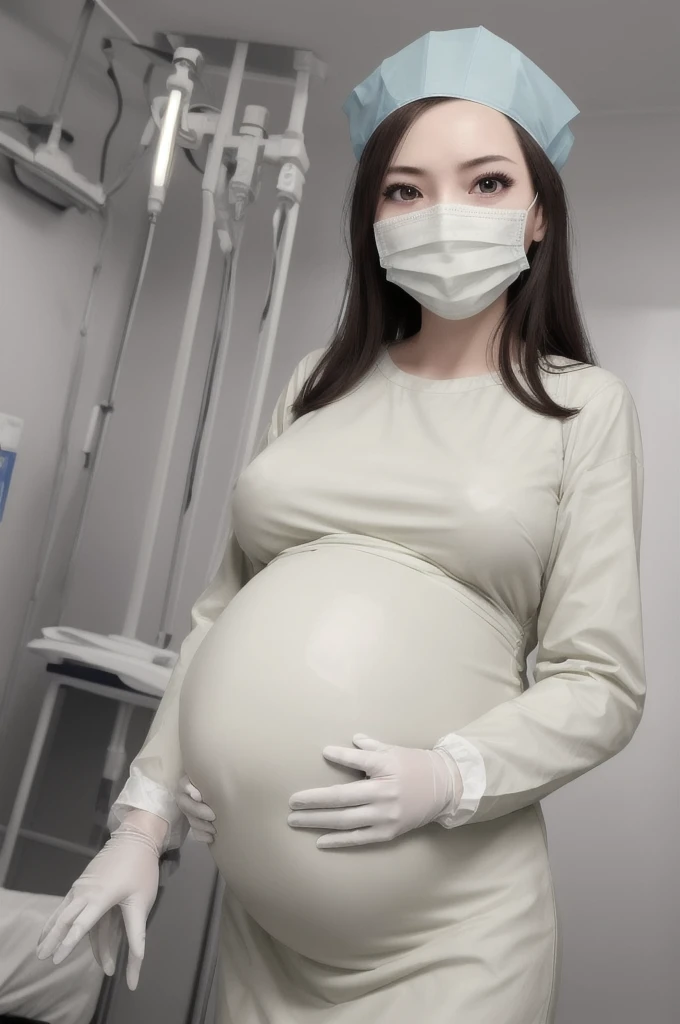 score_9, score_8_up, score_7_up, masterpiece, highest quality, kasuganoray, pale skin, long hair, shy eyes, big breasts, surgical mask, surgical cap, long sleeve maternity dress, seamless,
1 girl, pregnant, solo, rubber gloves, frown, standing, in one hospital, hospital bed,