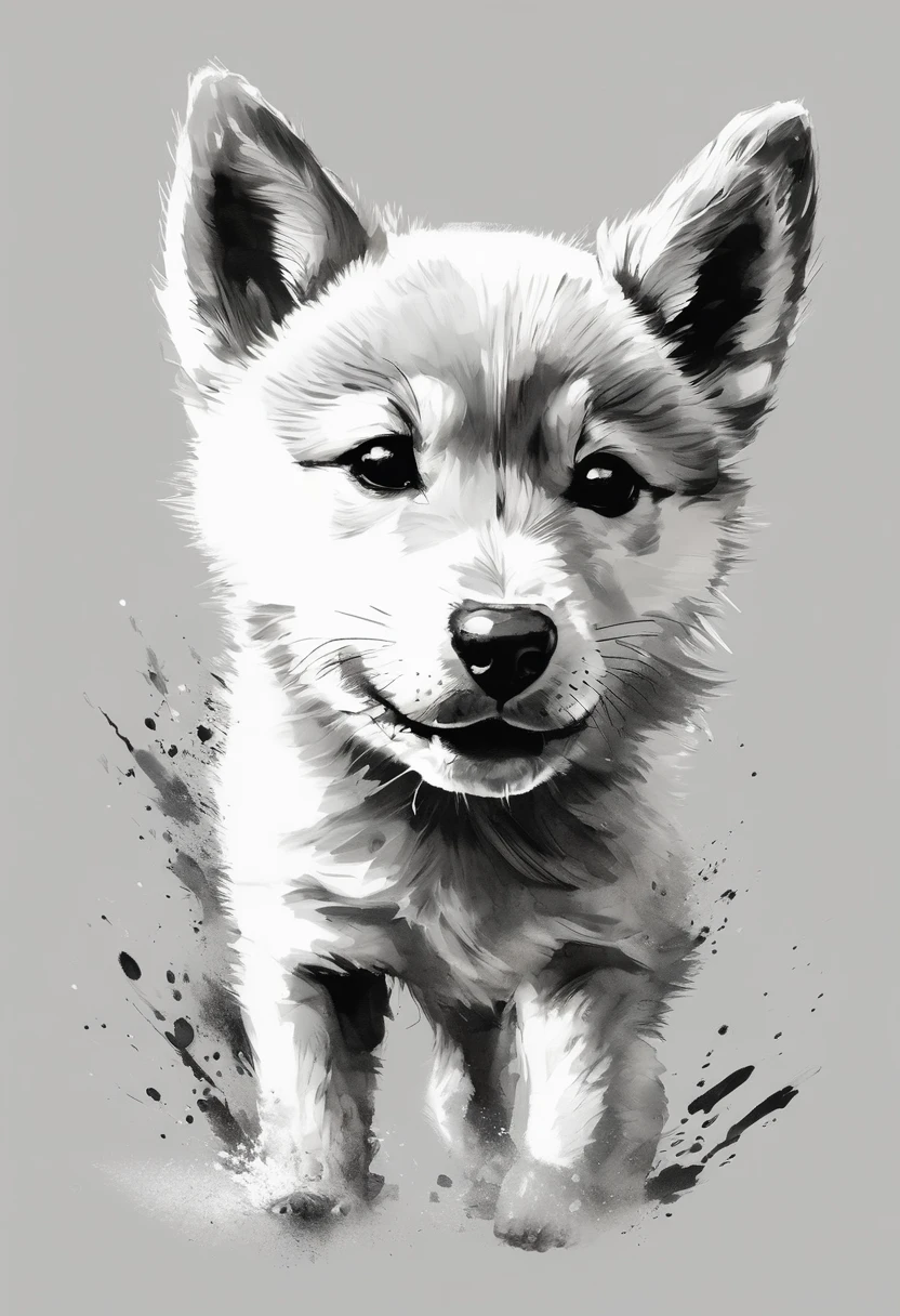 "Dynamic ink brushstroke style, black and white only: illustration by a professional illustrator, featuring a cute wolf pup or Shiba Inu, action shot, high detail, white background, sharp focus, full body, masterpiece, highly detailed, high quality, artistic sumi ink painting, Japanese style, icon, single animal."