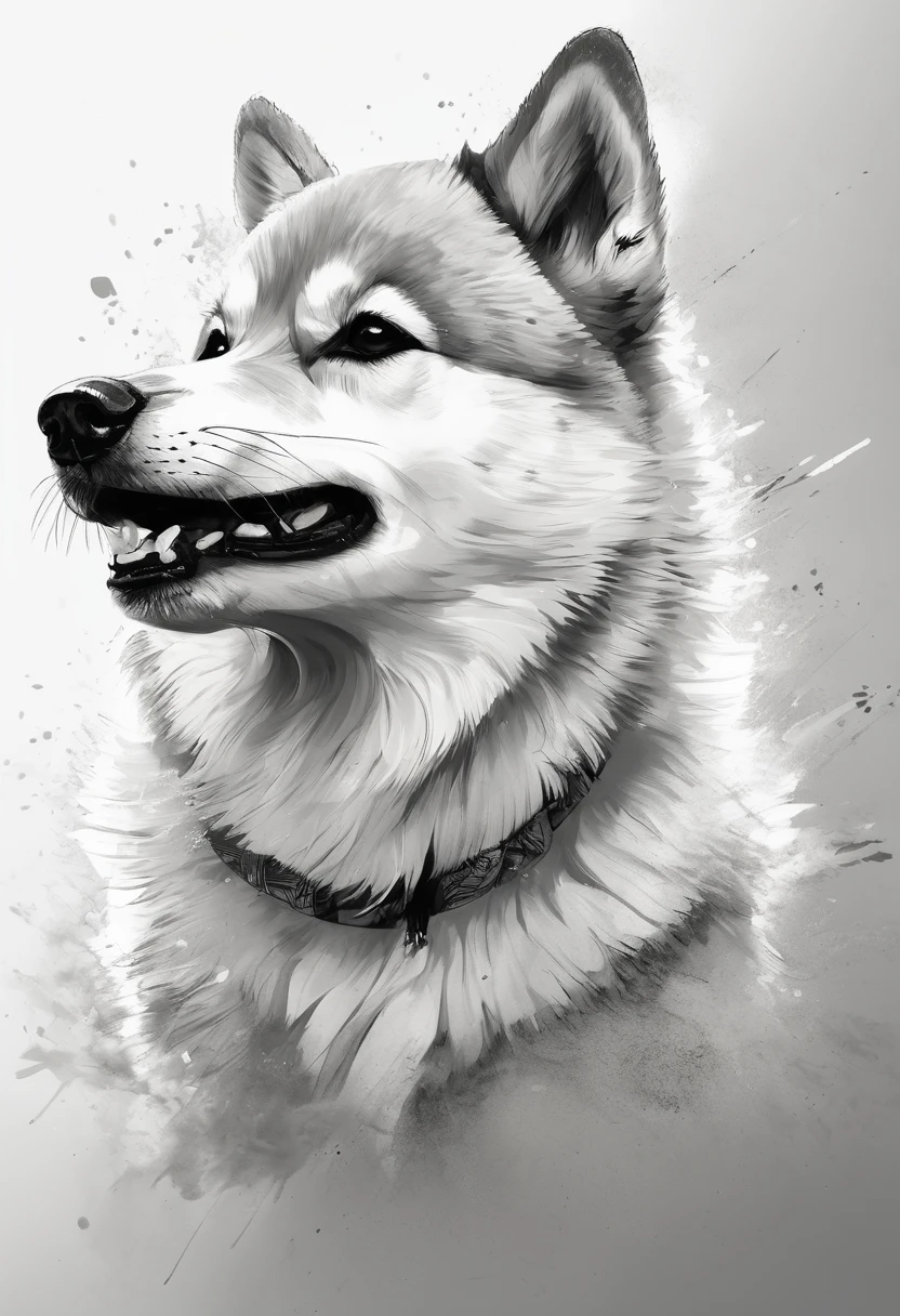 "Dynamic ink brushstroke style, black and white only: illustration by a professional illustrator, featuring a cute wolf pup or Shiba Inu, action shot, high detail, white background, sharp focus, full body, masterpiece, highly detailed, high quality, artistic sumi ink painting, Japanese style, icon, single animal."