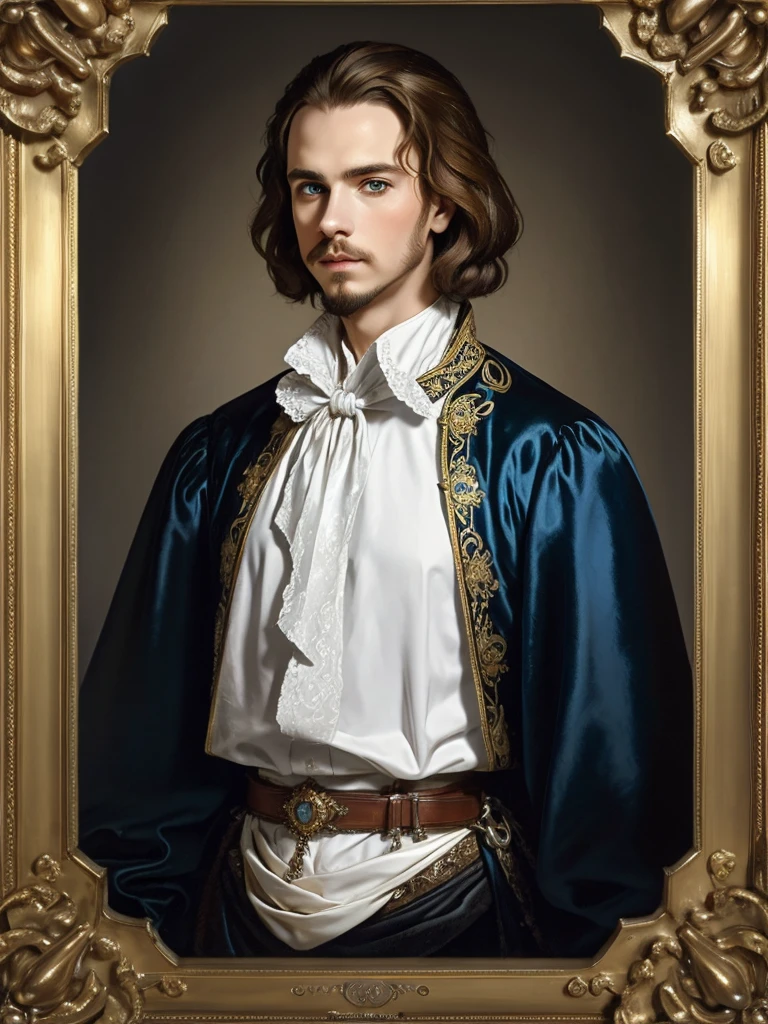 Portrait of Christopher Marlowe, piercing blue eyes, white skin, clean shaved, sharp jawline, silky golden-brown hair, clothes of Elizabethan era, black velvet doublet, white laced shirt, realism, high quality, Mucha style, Mucha background