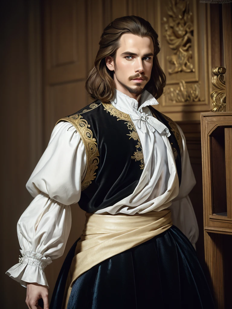 Portrait of Christopher Marlowe, piercing blue eyes, white skin, clean shaved, sharp jawline, silky golden-brown hair, clothes of Elizabethan era, black velvet doublet, white laced shirt, realism, high quality, Mucha style, Mucha background