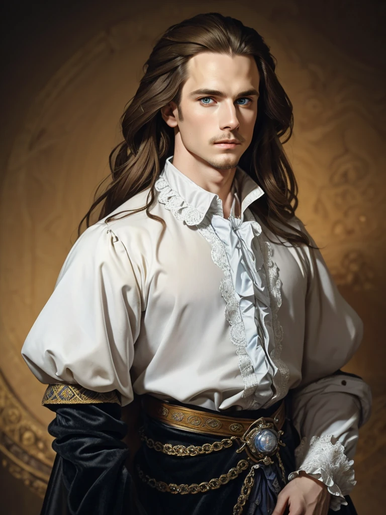 Portrait of Christopher Marlowe, piercing blue eyes, white skin, clean shaved, sharp jawline, silky golden-brown hair, clothes of Elizabethan era, black velvet doublet, white laced shirt, realism, high quality, Mucha style, Mucha background