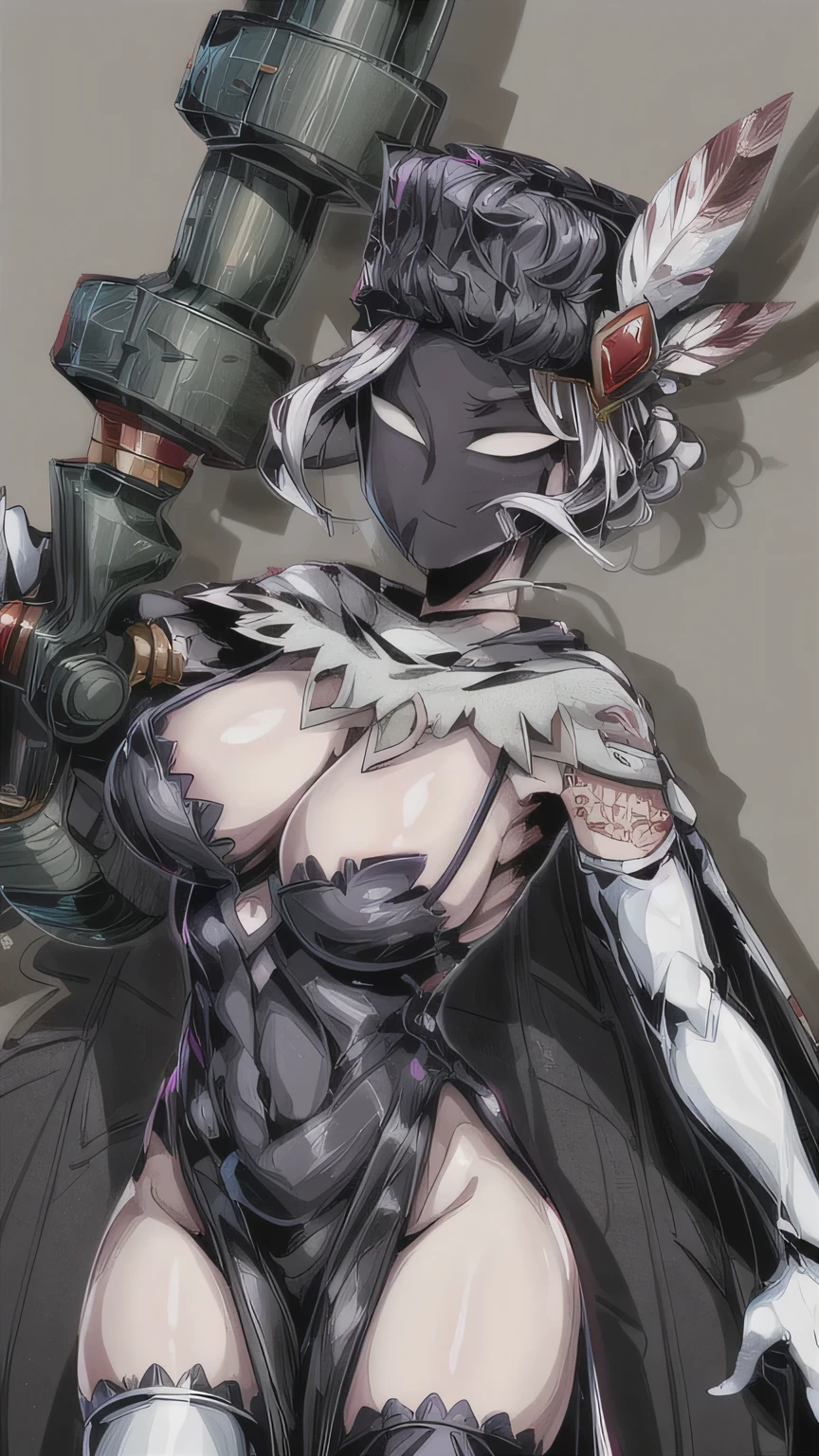 blackdahlia
mask
weapon
hat
hat feather
black dress
side slit
cape
white thighhighs
elbow gloves
cleavage, serious face