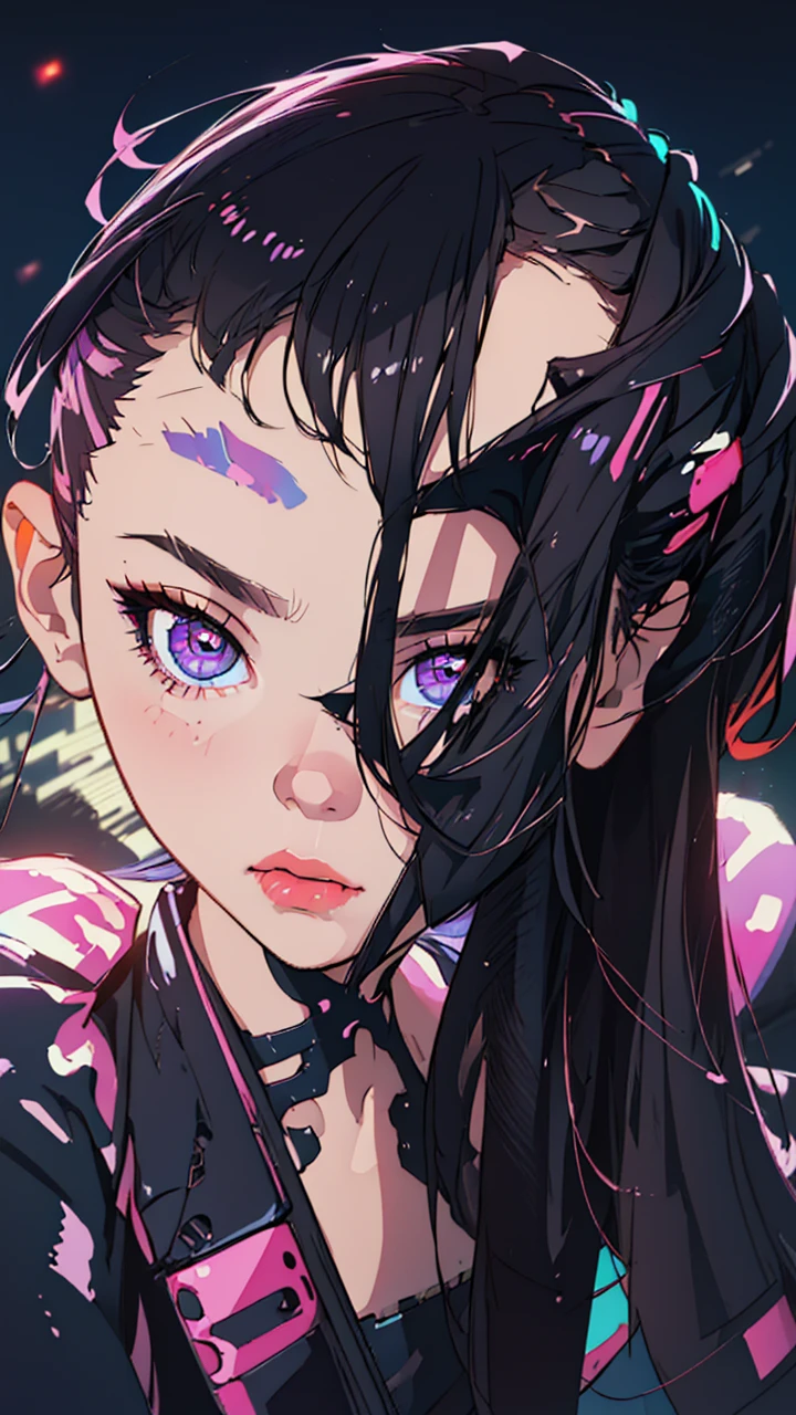 (best quality, masterpiece1.2), (detailed eye:1.2), complex detail, depth of field, 1girl, city, cyberpunk, neon, neon lights, night, moon,