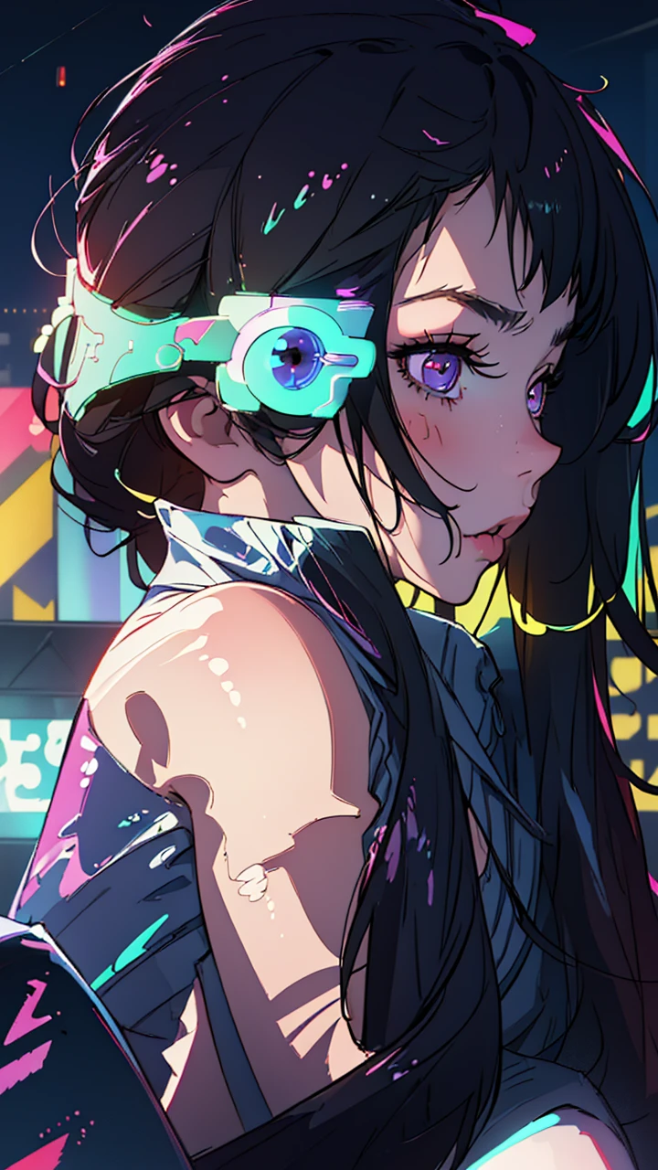 (best quality, masterpiece1.2), (detailed eye:1.2), complex detail, depth of field, 1girl, city, cyberpunk, neon, neon lights, night, moon,