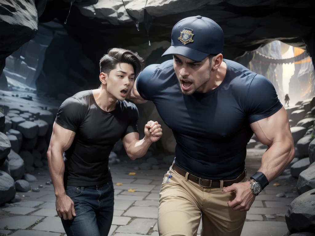 (Man walking in the city in the middle of the road),(crew cut hair:1.3),black eye,(Wear a fitted round neck t-shirt in navy with a police badge.:1.5),(fit neck),Navy blue jeans,(black_gloves:1.2),Korean guy,chest muscles,large arm muscles,blood vessel,Big muscles,Broad shoulders,(open mouth:1.5),(open eyes:1.3),(cave dungeon:1.5),