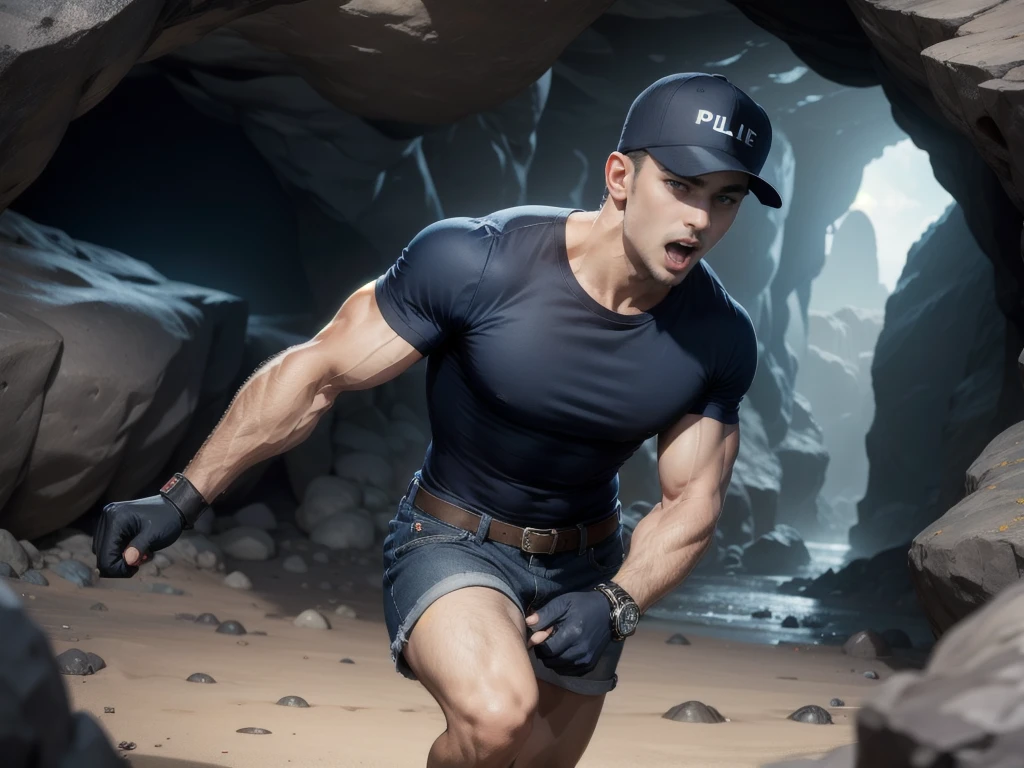 (Man walking in the city in the middle of the road),(crew cut hair:1.3),black eye,(Wear a fitted round neck t-shirt in navy with a police badge.:1.5),(fit neck),Navy blue jeans,(black_gloves:1.2),Korean guy,chest muscles,large arm muscles,blood vessel,Big muscles,Broad shoulders,(open mouth:1.5),(open eyes:1.3),(cave dungeon:1.5),