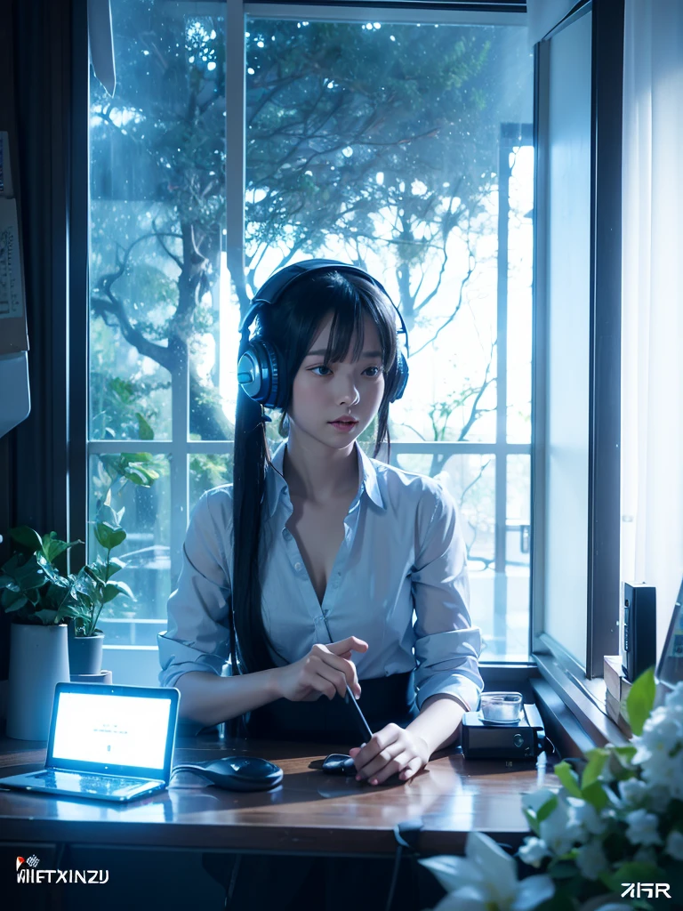A serene scene in a magical laboratory setting..: A laptop with a bright screen sits on a table next to a large window,It was raining heavily outside。 Blue neon light gently illuminates the white flowers next to the tablet and monitor.. Vocal Microphones and Headphones、It means creativity is in the air.. Anime-inspired figures., Pixiv competition winner, Create a warm atmosphere, Great atmosphere, A work that combines mysterious realism and fairy-tale charm.、attract the audience..:A girl in a shirt sitting by the window
