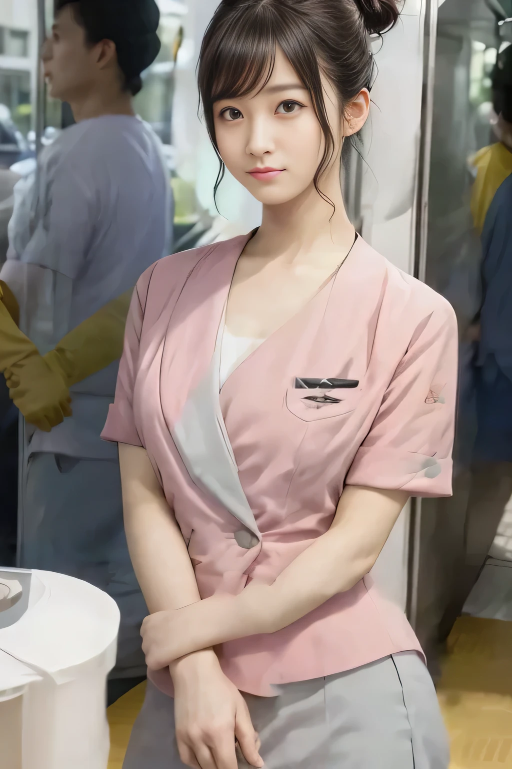 (masterpiece:1.2, Highest quality:1.2), 32k HDR, High resolution, (alone、1 girl)、（On the rooftop of a building in the daytime、Professional Lighting）、Building rooftop background、（Nankai train crew uniform pinkを着たリアルスタイル）、（Nankai train crew uniform pink short sleeve collarless pink jacket、Nankai Train Crew Uniform Pink Collarless Short Sleeve Blouse、Nankai Train Crew Uniform Pink Grey Knee-length Culottes）、（（The bottom of the pink short-sleeved jacket cannot be tucked into the clay-colored culottes.））、Dark brown hair、（Hair tied up、Hair Bun、Hair Bun）、Dark brown hair、Long Shot、Big Breasts、Thin legs、（（Great hands：2.0）），（（Harmonious body proportions：1.5）），（（Normal limbs：2.0）），（（Normal finger：2.0）），（（Delicate eyes：2.0）），（（Normal eyes：2.0））)、（Nankai Train Crew Uniform Pink Grey Knee-length Culottesを見せた美しい立ち姿）、smile