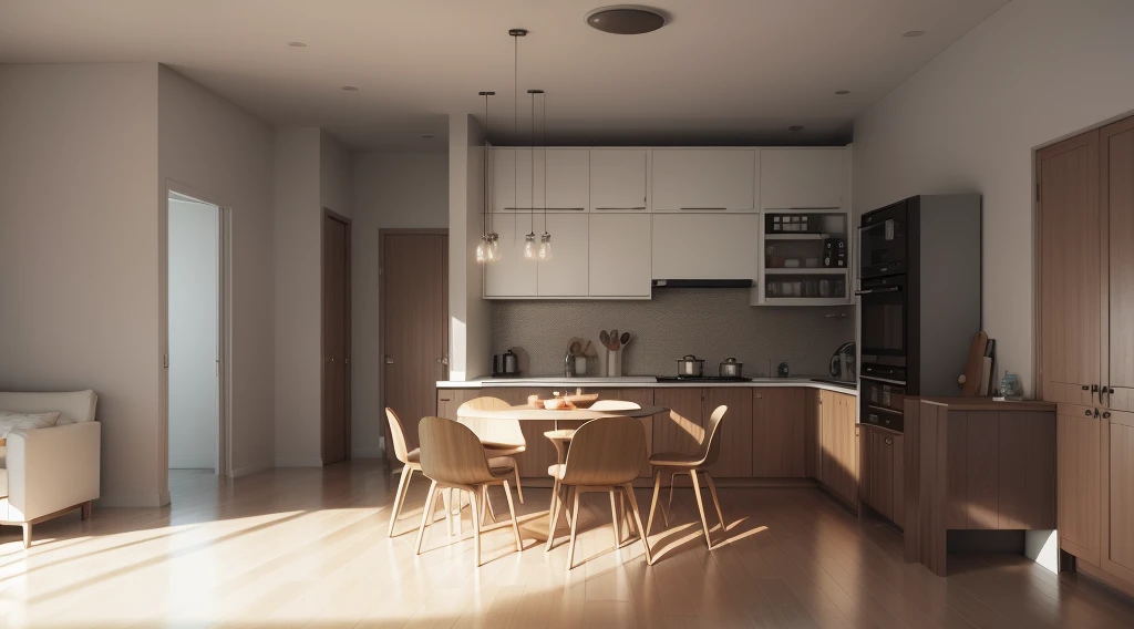 Simple kitchen with several shelves to place plates and glasses,octane render 3D