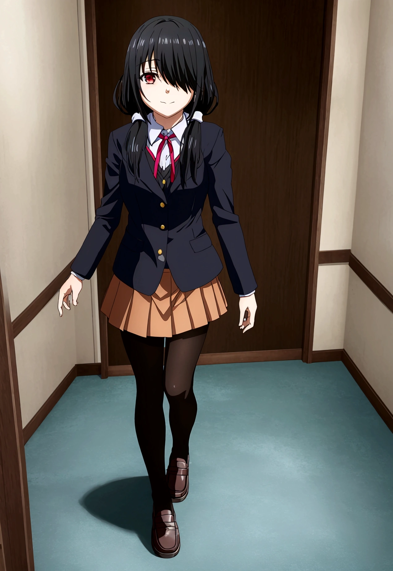 ultra-detailed,highly detailed,best quality,masterpiece,illustration,realistic, photo,photorealistic,
1girl, tokisaki kurumi,cosplay,hair over one eye, looking at viewer, happy girl,low twintails,
, hotpants, collared shirt, neck ribbon, pleated skirt, pantyhose, hair rings, loafers,
indoors, walking, stairwell, 
