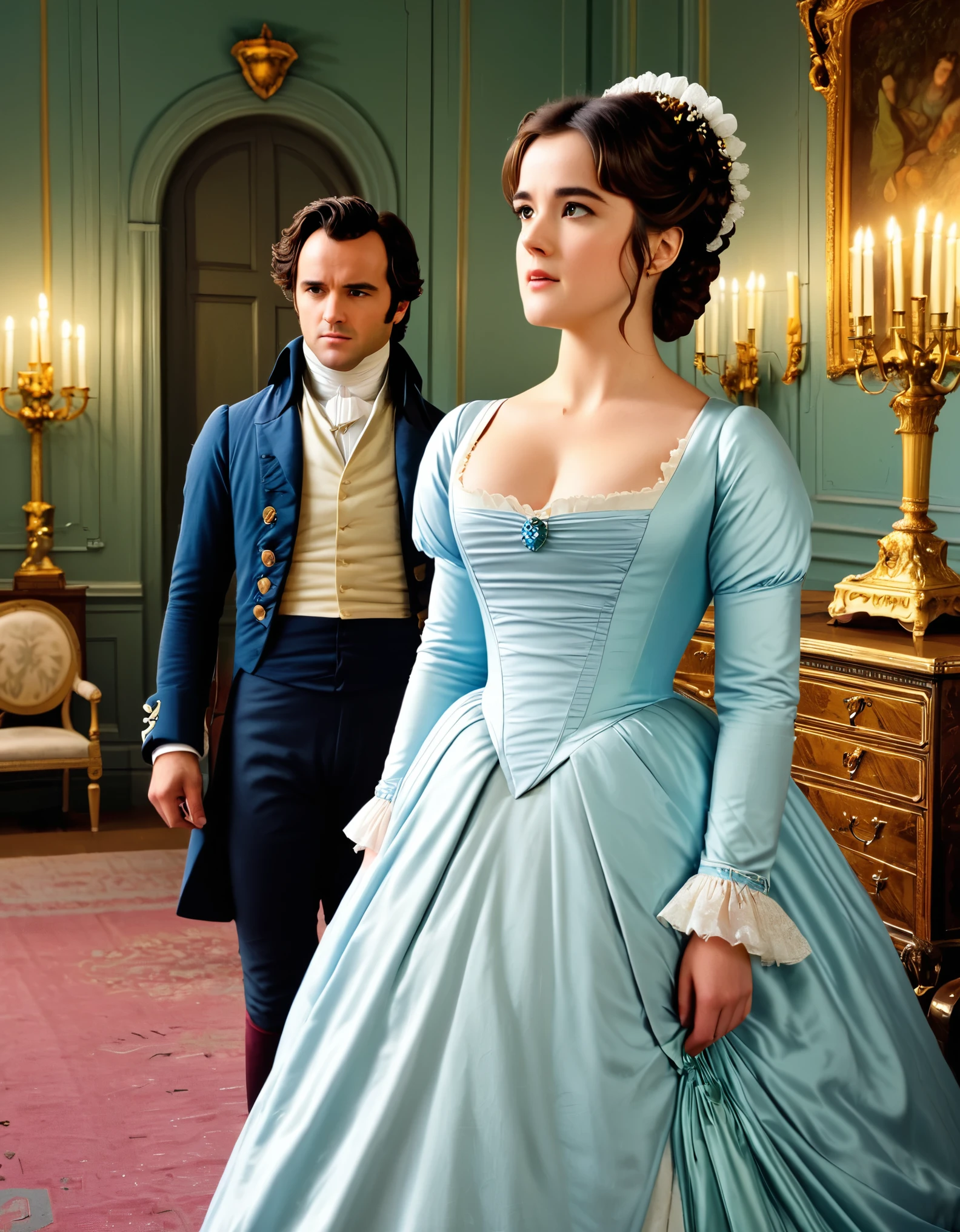 "She is tolerable, but not handsome enough to tempt me."

Image Prompt: Create a scene where Mr. Darcy makes his initial dismissive comment about Elizabeth's appearance, with her standing nearby, capturing her reaction.