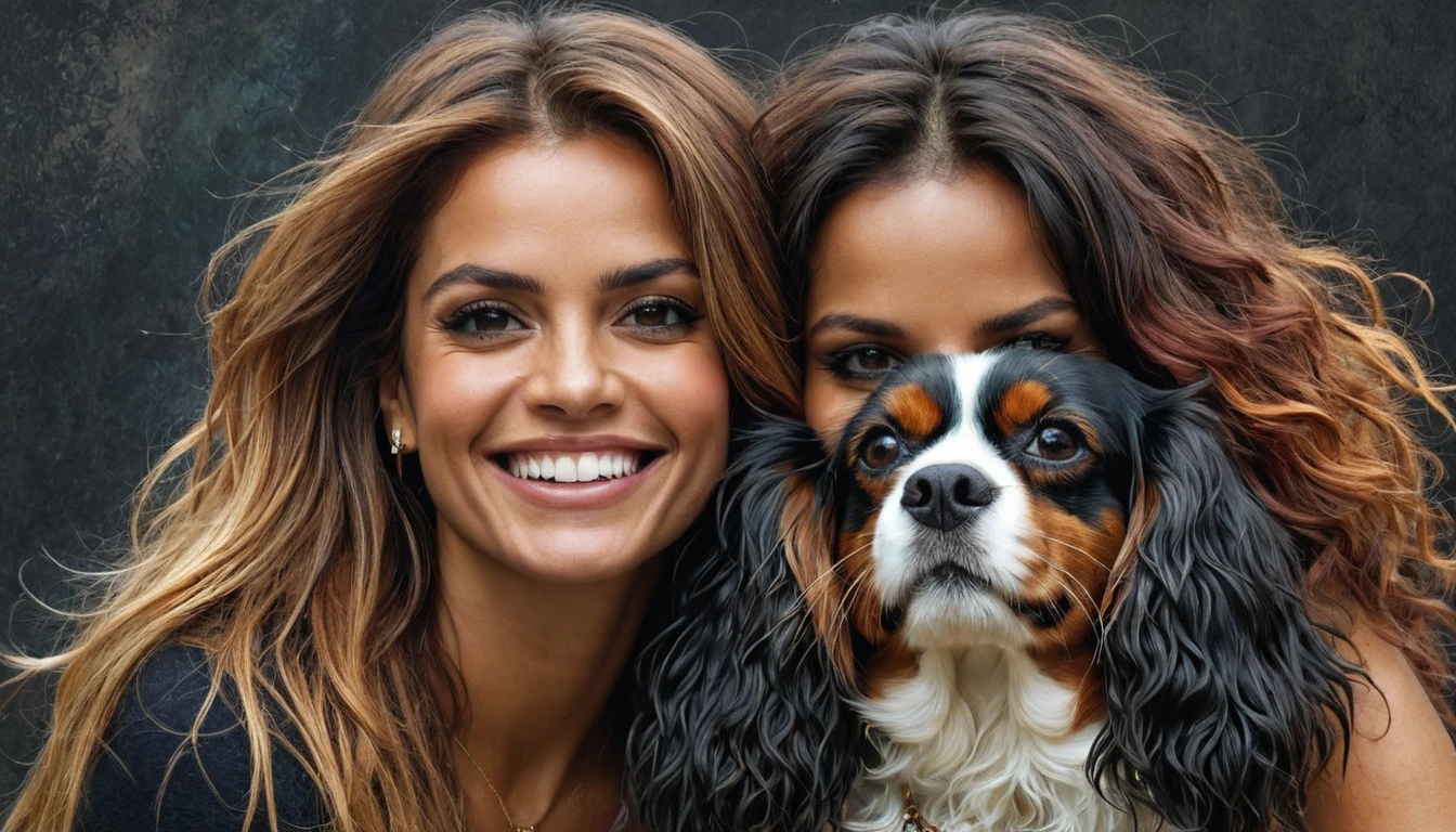half body,
a woman smile with her best friend her Cavalier King Charles Spaniel,
dark complex background, style by Thomas Kinkade+David A. Hardy+Carne Griffiths+Mandy Disher half vivid colors fine art, best quality, high detailed, detailed faces, 2d,