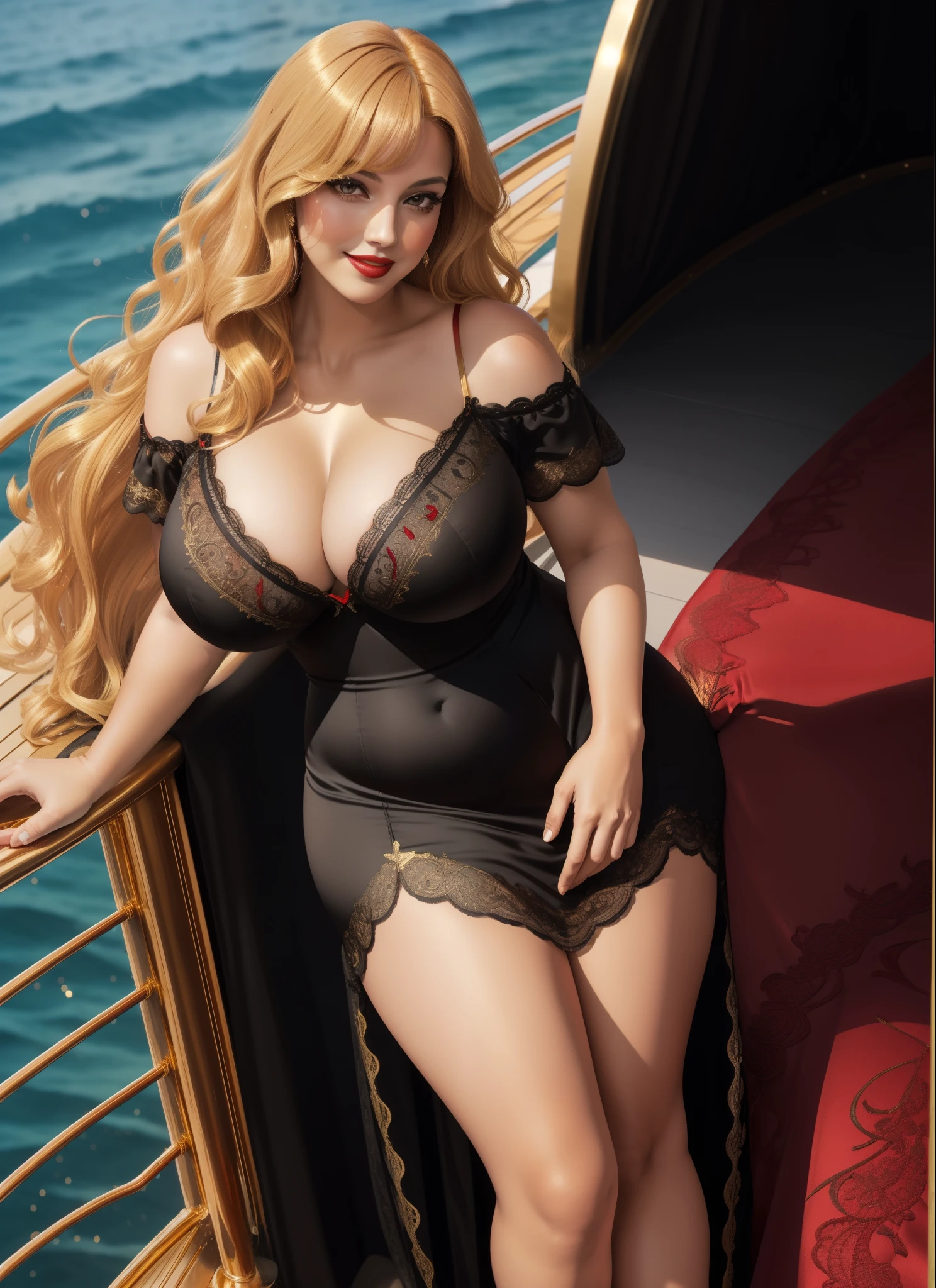 Jessica Rabbit, 27 years old, full body view Beautiful woman (((shoulder length wavy golden blonde hair, two side up with bangs))) defined body, voluptuous, ????, Red lipstick, hands free, mouth slightly open, smiling, standing facing camera,((( short sleeve, sparkling gold satin long gown with black lace trim and black lace embroidering and matching heels))), on the deck of a super yacht anchored near a tropical island, (large_???????:1.4) (curvy:1.3)(chubby:1.0)