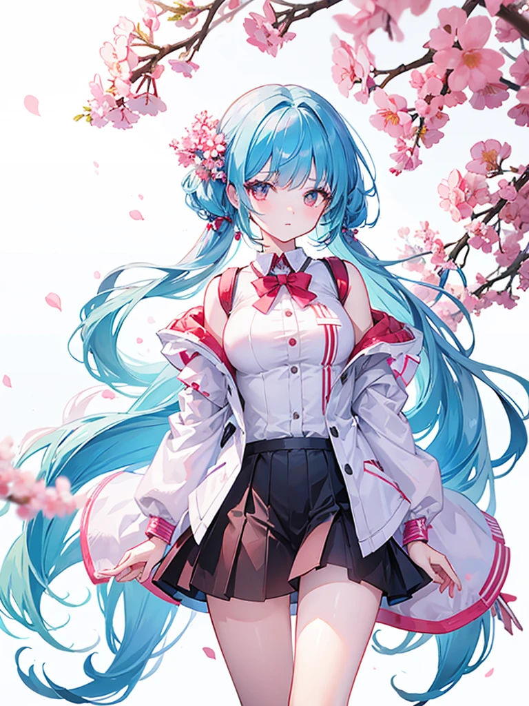 A girl character design showing her design white background with cherry flowers around her character design, watch tube show the whole body