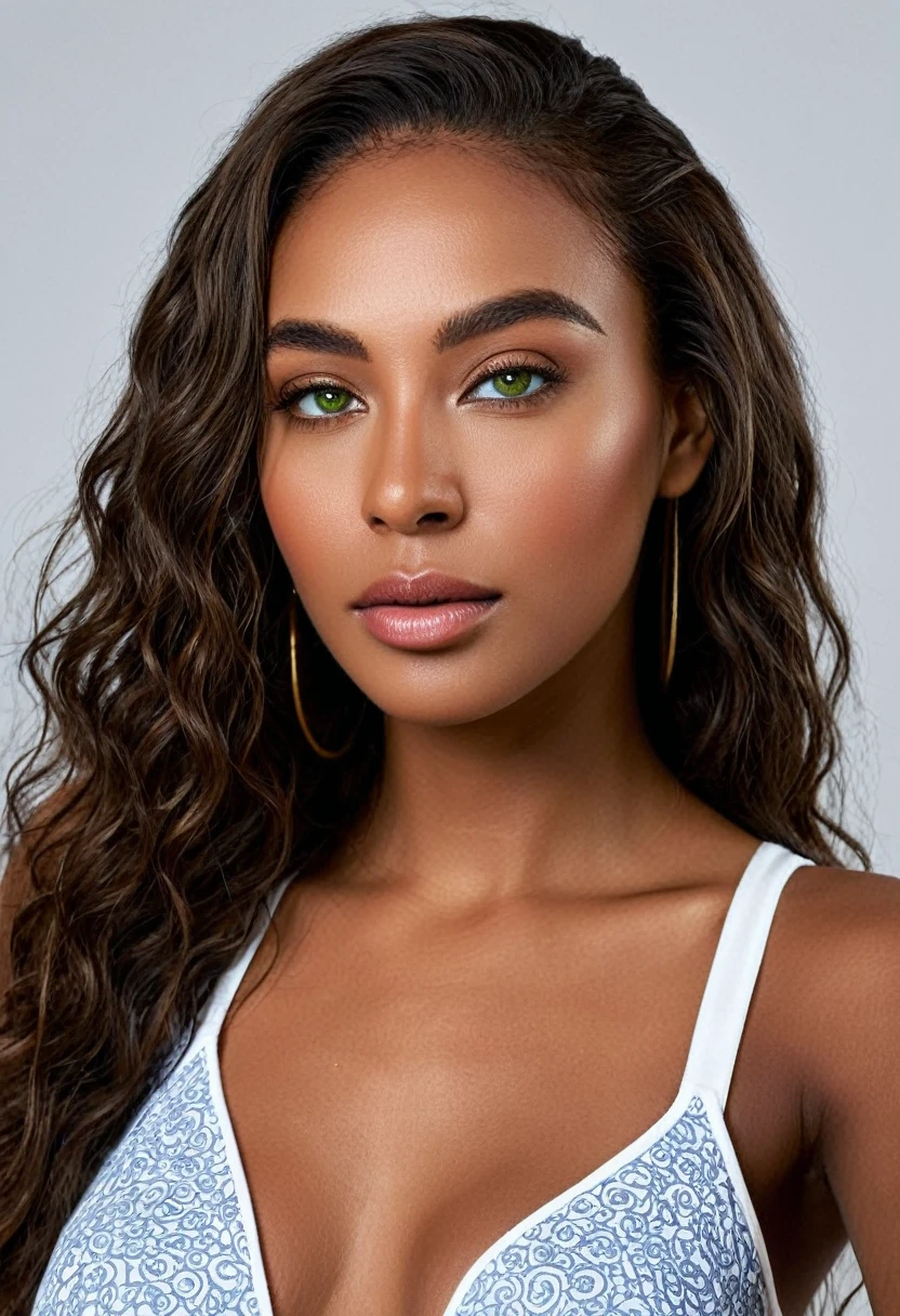 (selfie, vista superior: 1,4), (metade reta do corpo: 1,4), foto de retrato RAW UHD, a beautiful woman, beautiful Latin face, Brazilian supermodel, stunning, stunning beauty, Angolan descent, most beautiful woman in the world, jaw-dropping beauty, young adult 30 years old, She has an exotic beauty, native Brazilian, tall woman, a stunning black African woman, with indigenous features, beautiful indigenous girl, ((An indigenous African girl with European ebony)), ((her beauty is undeniable)), beautiful young ebony girl with dark skin, tanned Mexican. *hair: Curly black hair with brown highlights, Voluminous black hair with brown highlights, vibrant and dynamic cut with soft waves. *eyes: green and expressive eyes, beautiful green eyes, realistic green eyes, detailed green eyes, ultra realistic, symmetrical, hyper realistic, (eyeliner, long eyelashes), intense and penetrating look, seductive, mysterious and charming look, look at it magnetism, attraction and fascination. * Eyebrows: Perfect eyebrows that arch gracefully above the eyes and are thick. * the nose is small and proportional to the face and the soft contour of the face that accentuates the high cheekbones. *Mouth: Attractive and irresistible mouth, well-defined lips, full lips, voluminous lips, seductive lips, captivating, striking, unforgettable, mischievous, sexy, your features are captivating, seductive expression, a seductive smile is enigmatic *Face shape: O the face is oval, with high cheekbones and a well-defined chin, a beautiful and detailed face. *Makeup: Makeup is subtle, but highlights natural features. Skin Tone: Olive skin, with healthy and even glow, with olive skin, dark skin, sexy girl with dark skin, detailed skin texture, beautiful and glowing skin, intricate details, smooth skin, healthy and radiant appearance. *body: attractive and slim woman, medium bust, athletic, thin waist, wide hips, big butt, thick thighs, shapely legs. Selfie fotograph,((melhor qualidade)), ((Obra de arte)), ((re