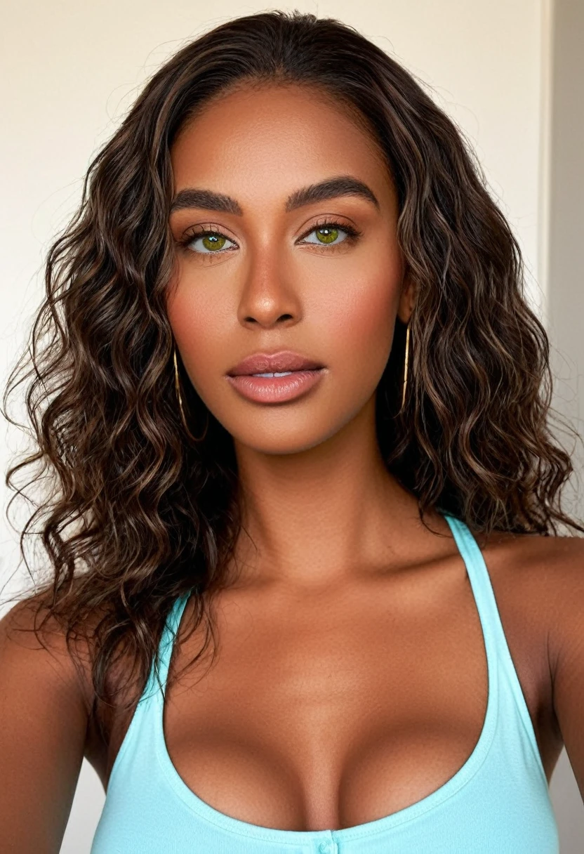 (selfie, vista superior: 1,4), (metade reta do corpo: 1,4), foto de retrato RAW UHD, a beautiful woman, beautiful Latin face, Brazilian supermodel, stunning, stunning beauty, Angolan descent, most beautiful woman in the world, jaw-dropping beauty, young adult 30 years old, She has an exotic beauty, native Brazilian, tall woman, a stunning black African woman, with indigenous features, beautiful indigenous girl, ((An indigenous African girl with European ebony)), ((her beauty is undeniable)), beautiful young ebony girl with dark skin, tanned Mexican. *hair: Curly black hair with brown highlights, Voluminous black hair with brown highlights, vibrant and dynamic cut with soft waves. *eyes: green and expressive eyes, beautiful green eyes, realistic green eyes, detailed green eyes, ultra realistic, symmetrical, hyper realistic, (eyeliner, long eyelashes), intense and penetrating look, seductive, mysterious and charming look, look at it magnetism, attraction and fascination. * Eyebrows: Perfect eyebrows that arch gracefully above the eyes and are thick. * the nose is small and proportional to the face and the soft contour of the face that accentuates the high cheekbones. *Mouth: Attractive and irresistible mouth, well-defined lips, full lips, voluminous lips, seductive lips, captivating, striking, unforgettable, mischievous, sexy, your features are captivating, seductive expression, a seductive smile is enigmatic *Face shape: O the face is oval, with high cheekbones and a well-defined chin, a beautiful and detailed face. *Makeup: Makeup is subtle, but highlights natural features. Skin Tone: Olive skin, with healthy and even glow, with olive skin, dark skin, sexy girl with dark skin, detailed skin texture, beautiful and glowing skin, intricate details, smooth skin, healthy and radiant appearance. *body: attractive and slim woman, medium bust, athletic, thin waist, wide hips, big butt, thick thighs, shapely legs. Selfie fotograph,((melhor qualidade)), ((Obra de arte)), ((re