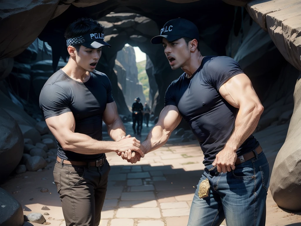 (Man walking in the city in the middle of the road),(crew cut hair:1.3),black eye,(Wear a fitted round neck t-shirt in navy with a police badge.:1.5),(fit neck),Navy blue jeans,(black_gloves:1.2),Korean guy,chest muscles,large arm muscles,blood vessel,Big muscles,Broad shoulders,(open mouth:1.5),(open eyes:1.3),(cave dungeon:1.5),