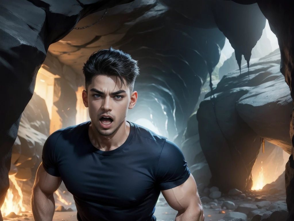 (Man walking in the city in the middle of the road),(crew cut hair:1.3),black eye,(Wear a fitted round neck t-shirt in navy with a police badge.:1.5),(fit neck),Navy blue jeans,(black_gloves:1.2),Korean guy,chest muscles,large arm muscles,blood vessel,Big muscles,Broad shoulders,(open mouth:1.5),(open eyes:1.3),(cave dungeon:1.5),